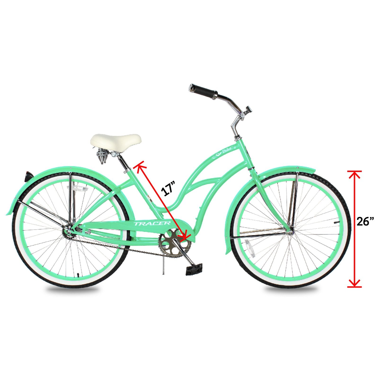 TRACER 26' Female Beach Cruiser Coaster Brake Stainless Steel Spokes One Piece Crank Alloy Apple Green Rims 36H W/ Fenders - Energize Trek