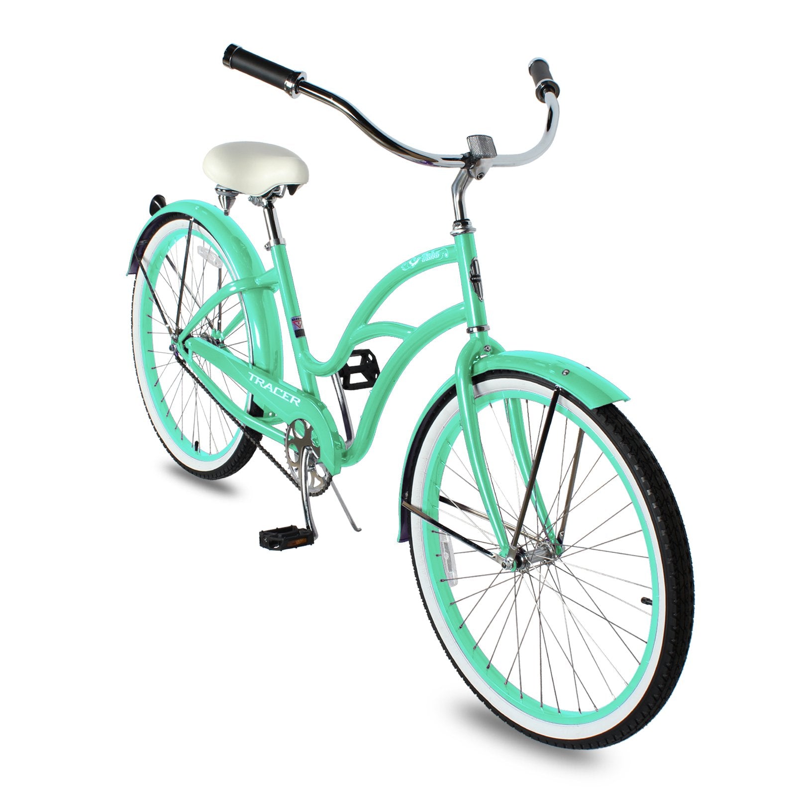 TRACER 26' Female Beach Cruiser Coaster Brake Stainless Steel Spokes One Piece Crank Alloy Apple Green Rims 36H W/ Fenders - Energize Trek