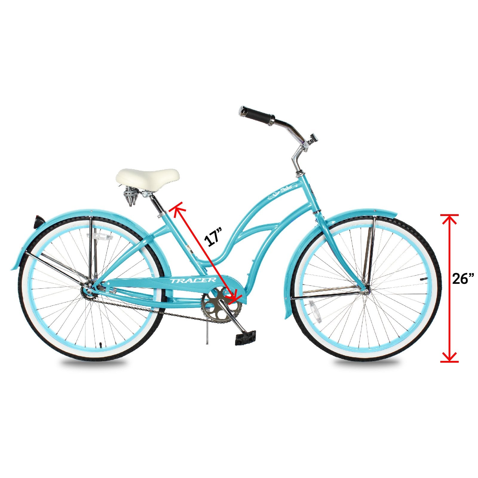 TRACER 26' Female Beach Cruiser Coaster Brake Stainless Steel Spokes One Piece Crank Alloy Apple Green Rims 36H W/ Fenders - Energize Trek