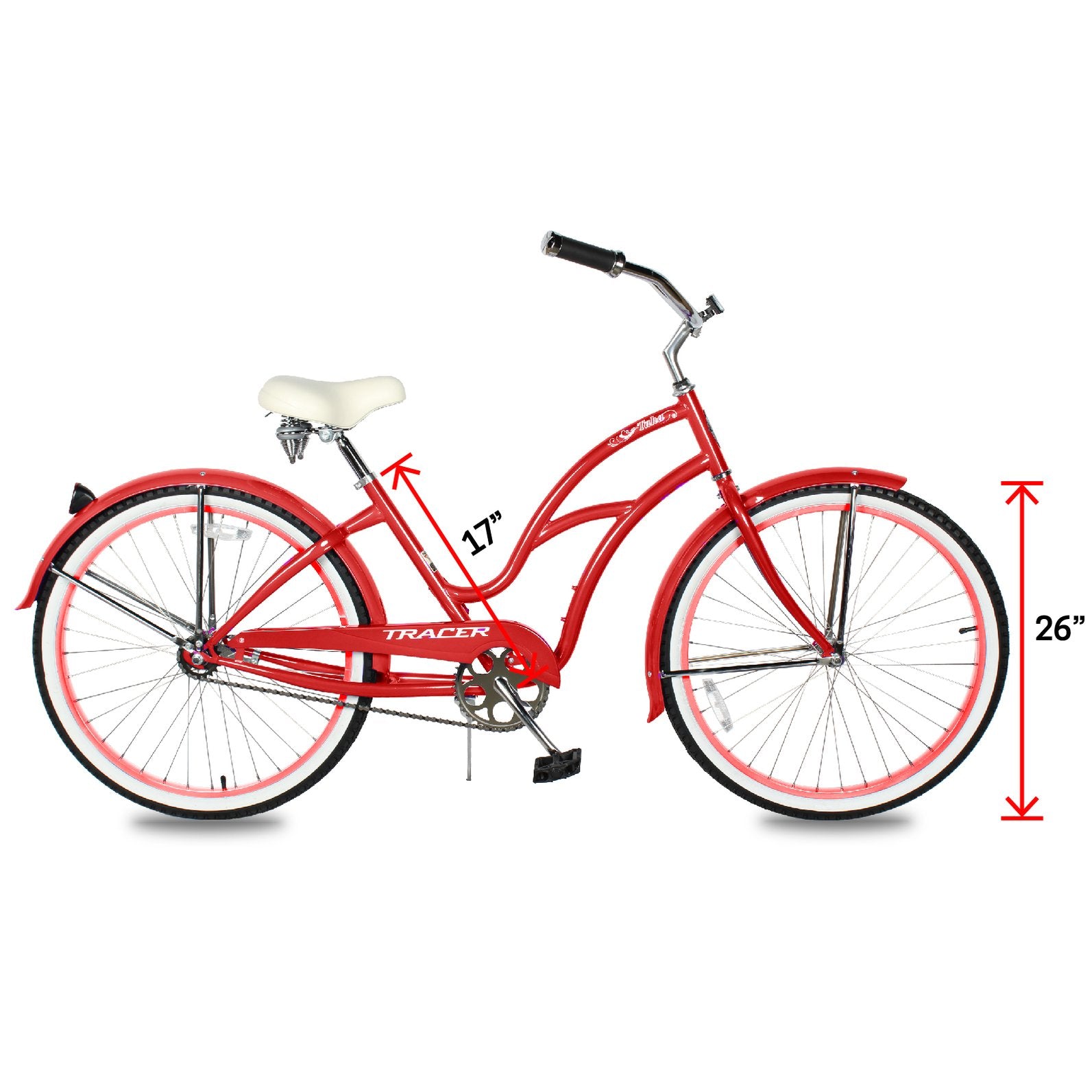 TRACER 26' Female Beach Cruiser Coaster Brake Stainless Steel Spokes One Piece Crank Alloy Apple Green Rims 36H W/ Fenders - Energize Trek