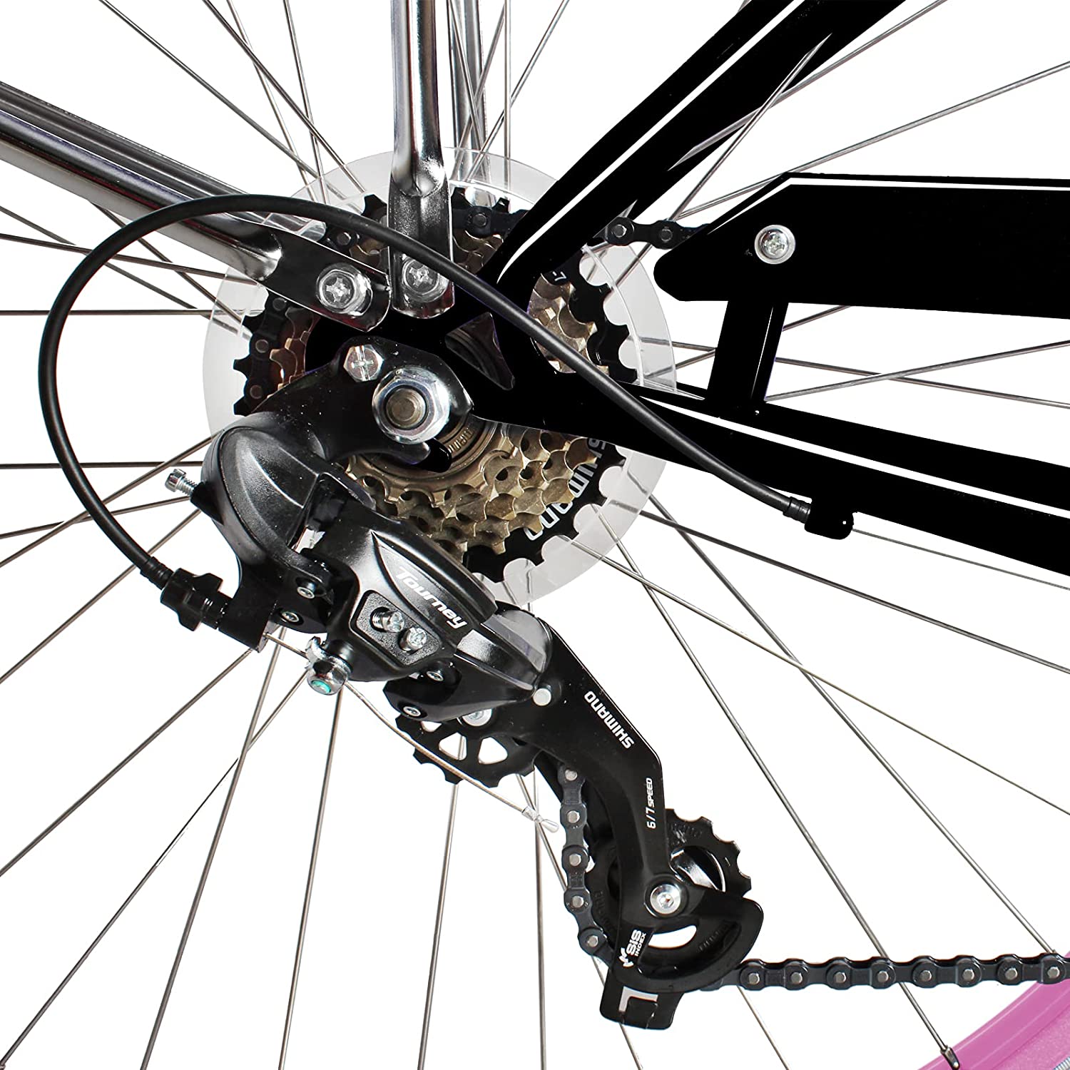 TRACER 26' Female Beach Cruiser Shimano TX-35 7-SP V-Brake Stainless Steel Spokes One Piece Crank Alloy PINK Rims 36H w/ Fender - Energize Trek