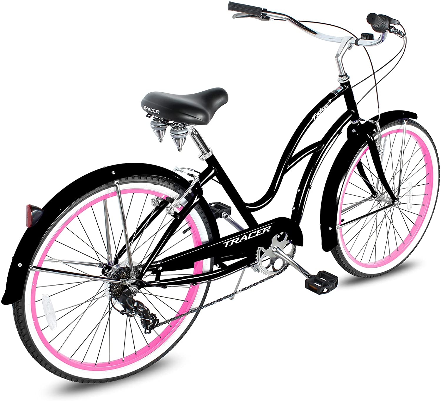 TRACER 26' Female Beach Cruiser Shimano TX-35 7-SP V-Brake Stainless Steel Spokes One Piece Crank Alloy PINK Rims 36H w/ Fender - Energize Trek