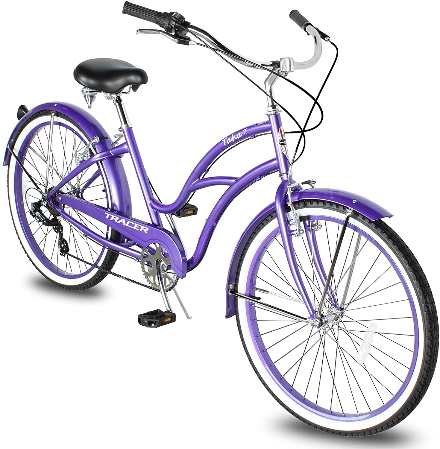 TRACER 26' Female Beach Cruiser Shimano TX-35 7-SP V-Brake Stainless Steel Spokes One Piece Crank Alloy PINK Rims 36H w/ Fender - Energize Trek