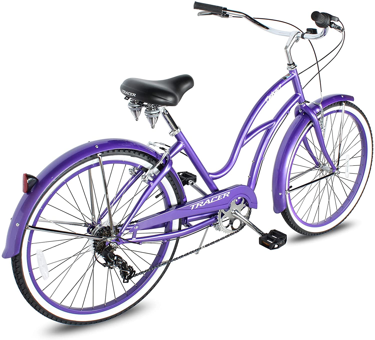 TRACER 26' Female Beach Cruiser Shimano TX-35 7-SP V-Brake Stainless Steel Spokes One Piece Crank Alloy PINK Rims 36H w/ Fender - Energize Trek
