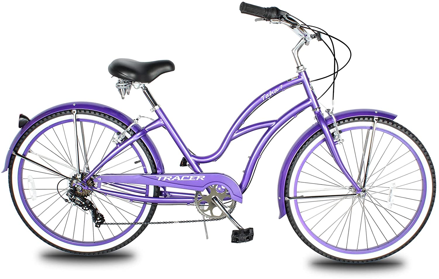 TRACER 26' Female Beach Cruiser Shimano TX-35 7-SP V-Brake Stainless Steel Spokes One Piece Crank Alloy PINK Rims 36H w/ Fender - Energize Trek
