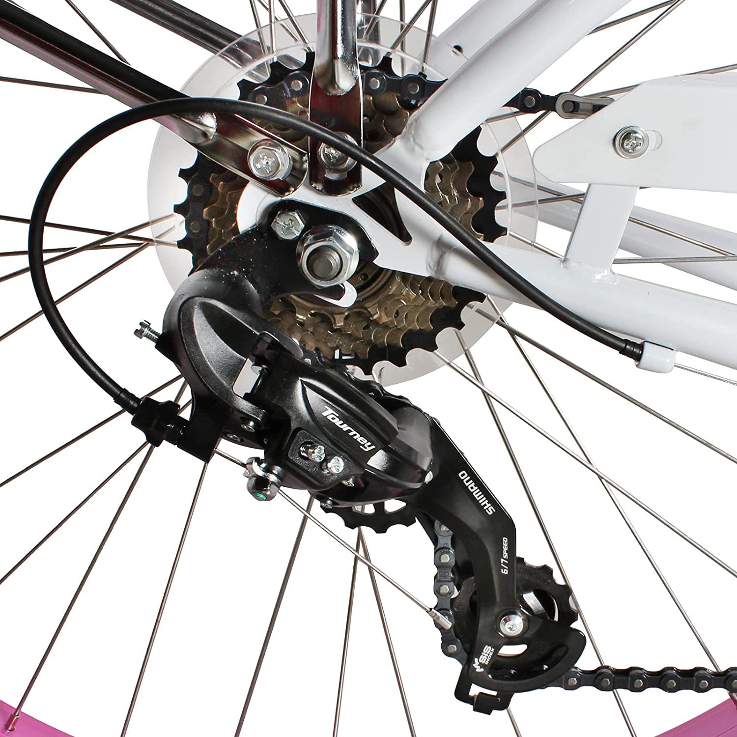 TRACER 26' Female Beach Cruiser Shimano TX-35 7-SP V-Brake Stainless Steel Spokes One Piece Crank Alloy PINK Rims 36H w/ Fender - Energize Trek