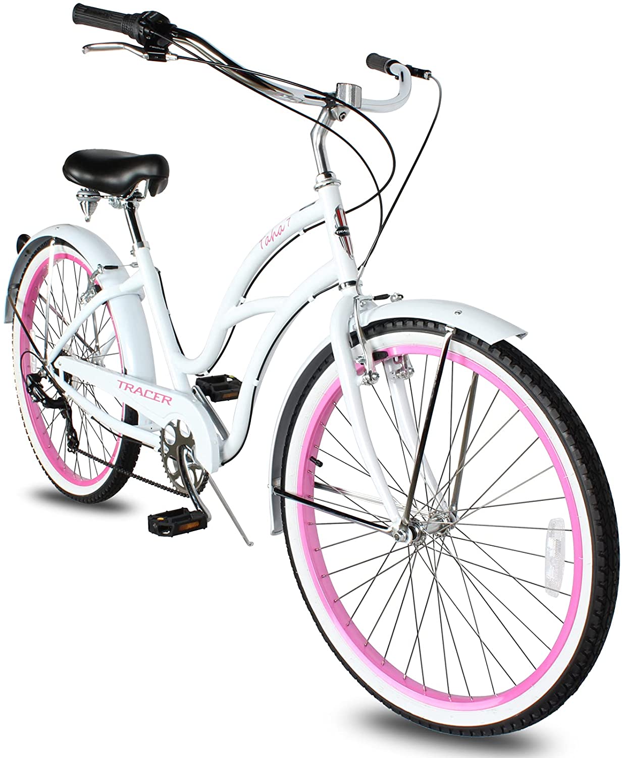 TRACER 26' Female Beach Cruiser Shimano TX-35 7-SP V-Brake Stainless Steel Spokes One Piece Crank Alloy PINK Rims 36H w/ Fender - Energize Trek