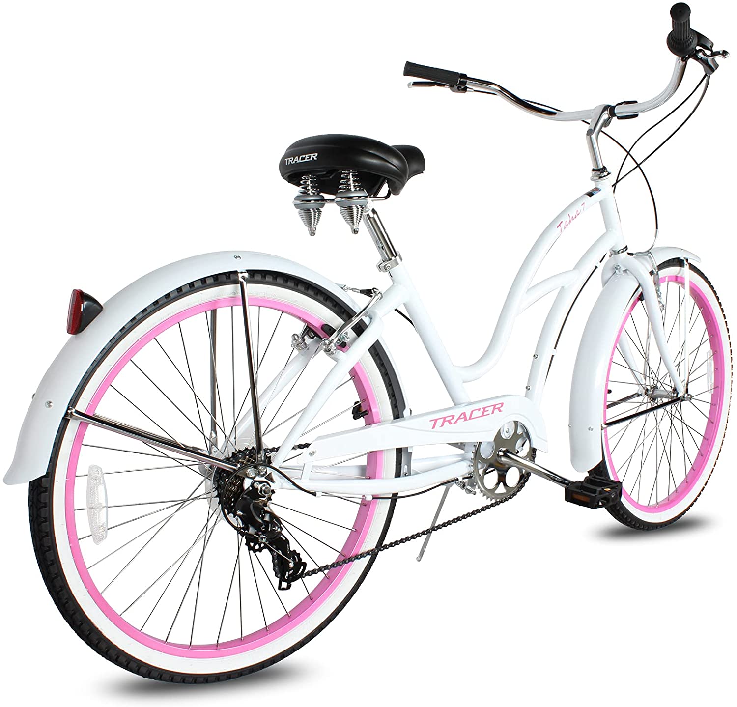 TRACER 26' Female Beach Cruiser Shimano TX-35 7-SP V-Brake Stainless Steel Spokes One Piece Crank Alloy PINK Rims 36H w/ Fender - Energize Trek