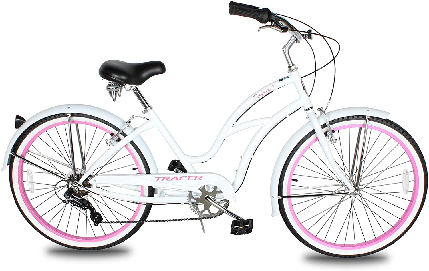 TRACER 26' Female Beach Cruiser Shimano TX-35 7-SP V-Brake Stainless Steel Spokes One Piece Crank Alloy PINK Rims 36H w/ Fender - Energize Trek
