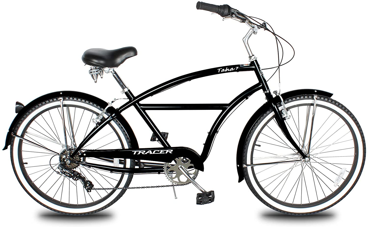 TRACER 26' Men Beach Cruiser Shimano TX-35 7-SP V-Brake Stainless Steel Spokes One Piece Crank Alloy BLACK Rims 36H w/ Fender - Energize Trek