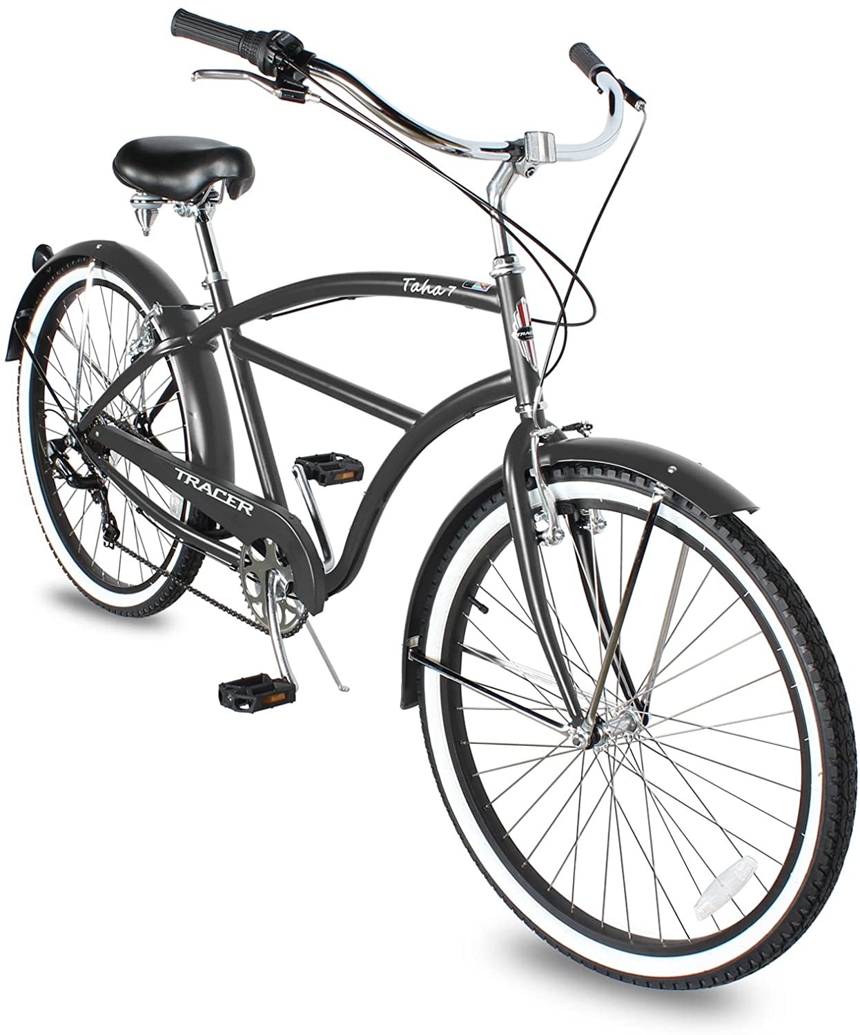 TRACER 26' Men Beach Cruiser Shimano TX-35 7-SP V-Brake Stainless Steel Spokes One Piece Crank Alloy BLACK Rims 36H w/ Fender - Energize Trek