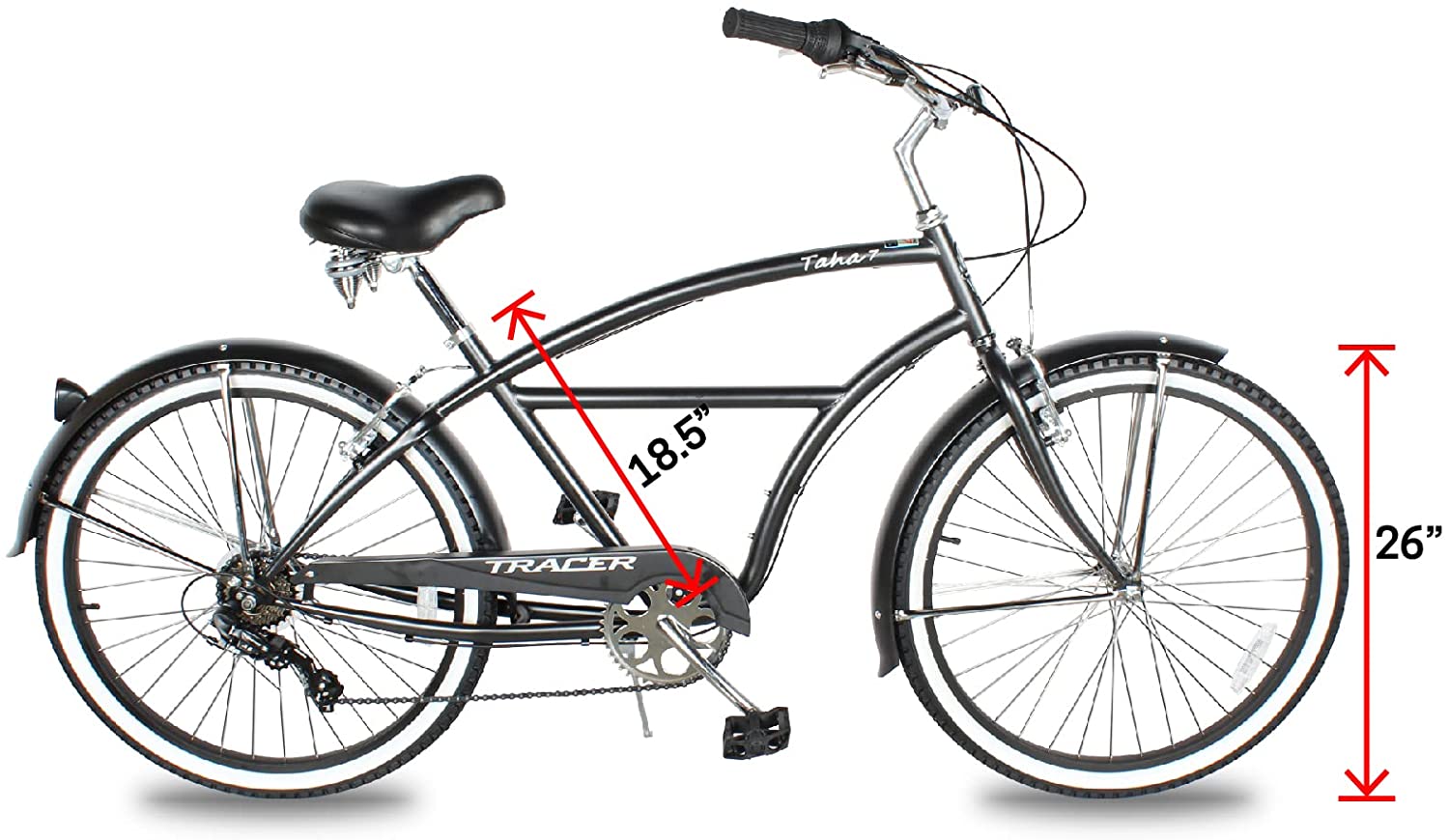 TRACER 26' Men Beach Cruiser Shimano TX-35 7-SP V-Brake Stainless Steel Spokes One Piece Crank Alloy BLACK Rims 36H w/ Fender - Energize Trek