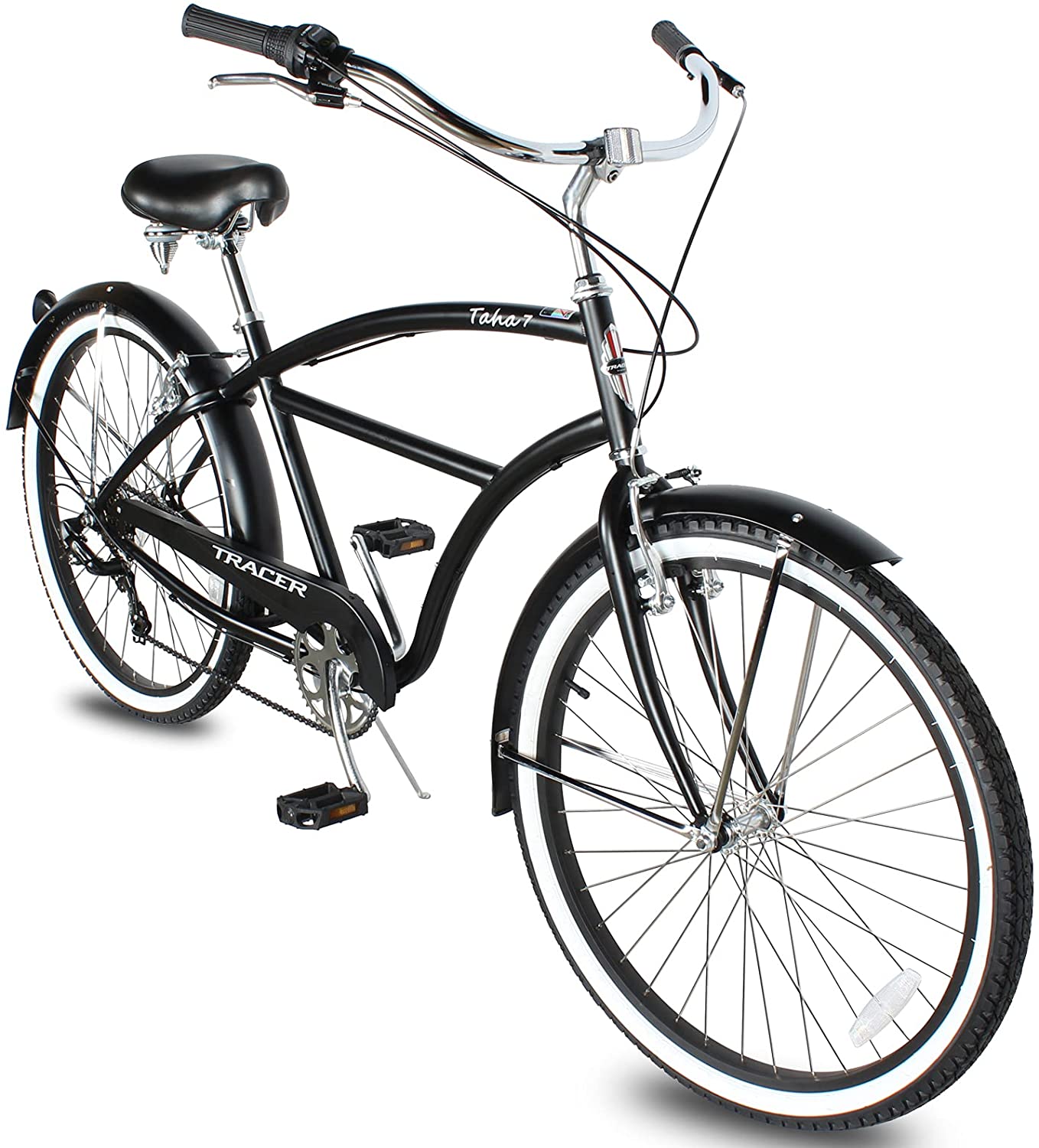 TRACER 26' Men Beach Cruiser Shimano TX-35 7-SP V-Brake Stainless Steel Spokes One Piece Crank Alloy BLACK Rims 36H w/ Fender - Energize Trek