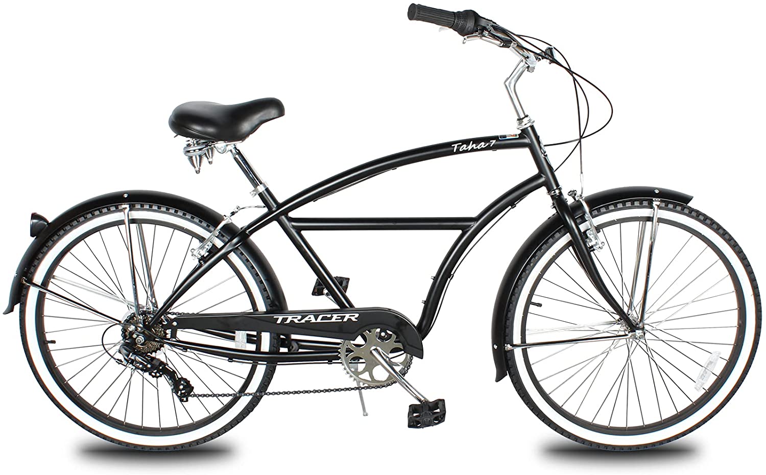 TRACER 26' Men Beach Cruiser Shimano TX-35 7-SP V-Brake Stainless Steel Spokes One Piece Crank Alloy BLACK Rims 36H w/ Fender - Energize Trek