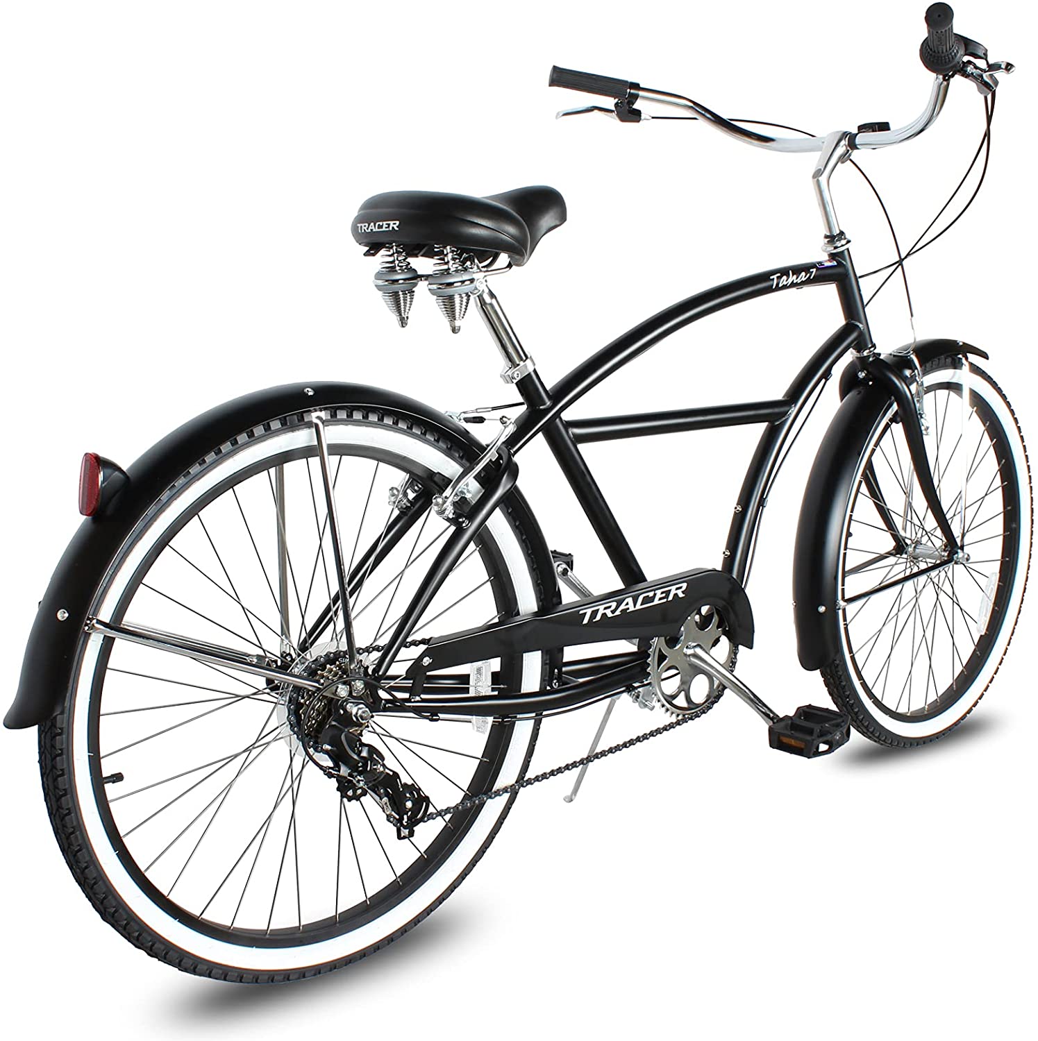 TRACER 26' Men Beach Cruiser Shimano TX-35 7-SP V-Brake Stainless Steel Spokes One Piece Crank Alloy BLACK Rims 36H w/ Fender - Energize Trek