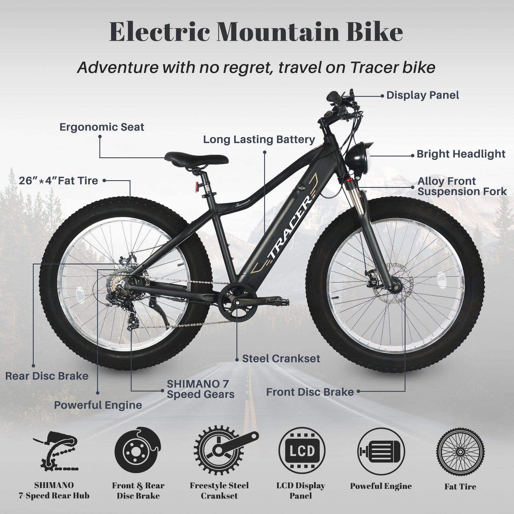 TRACER E Bike 26" Aluminum FAT Tire Bike, Size 18.5 with Shimano Tourney-7sp & Disc Brake F& R, Motor: 800W with/ Speed Sensor Battery 48V 11.6Ah - Energize Trek