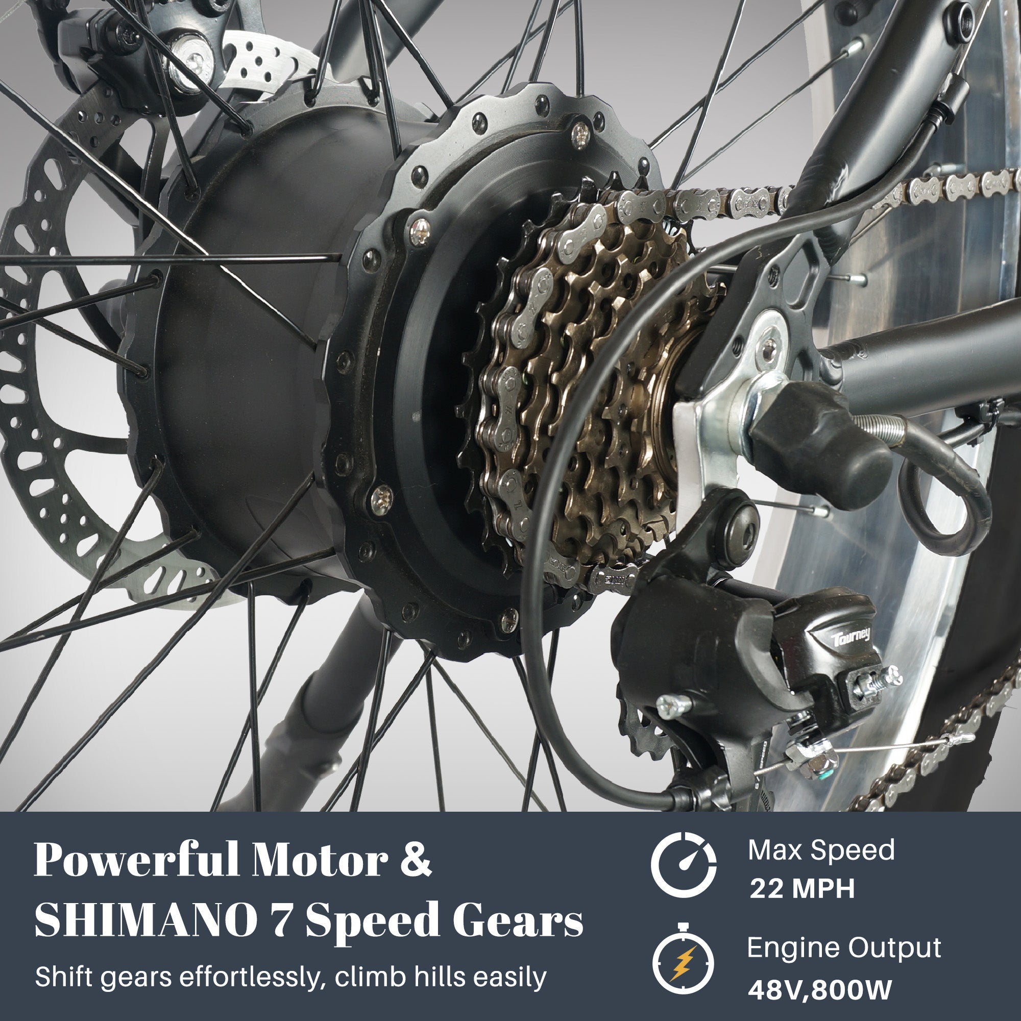 TRACER E Bike 26" Aluminum FAT Tire Bike, Size 18.5 with Shimano Tourney-7sp & Disc Brake F& R, Motor: 800W with/ Speed Sensor Battery 48V 11.6Ah - Energize Trek