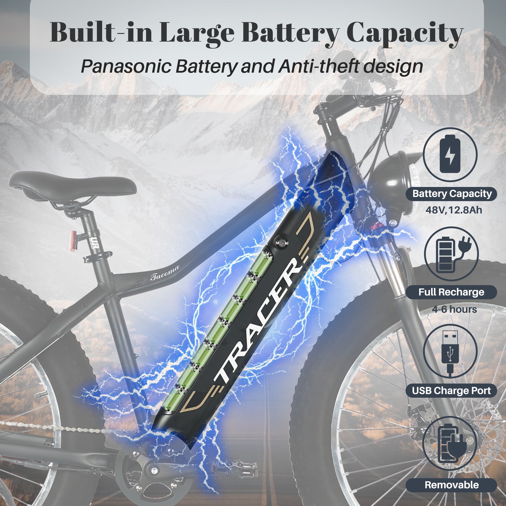 TRACER E Bike 26" Aluminum FAT Tire Bike, Size 18.5 with Shimano Tourney-7sp & Disc Brake F& R, Motor: 800W with/ Speed Sensor Battery 48V 11.6Ah - Energize Trek