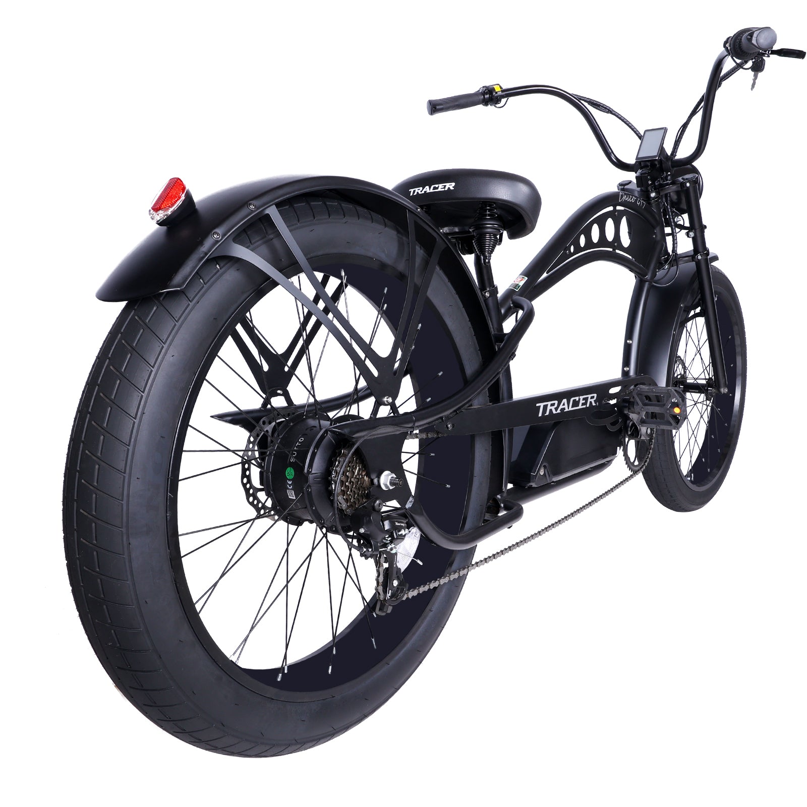 Tracer Chico GT (UPC: 749671831734), 26" Chopper Stretch E-Bike, Triple Tree Fork, Hydraulic Disc Brake, Hi-Rise Type Steel Handlebar 750x220x22.2mm, Alloy Polish FAT RIMS Front 3" Rear 4" Fat white wall Tires 26"x3.0 - Energize Trek