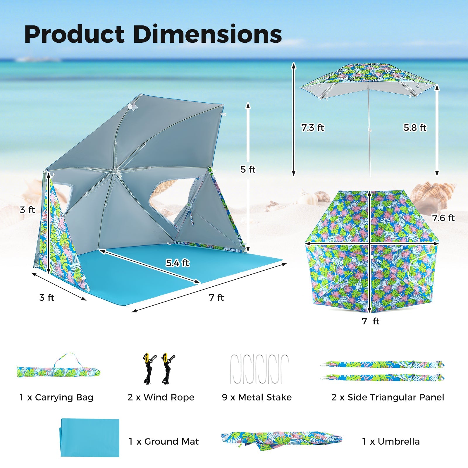 UPF50+ Sun Protection Beach Umbrella Tent with Portable Carrying Bag-Blue - Energize Trek