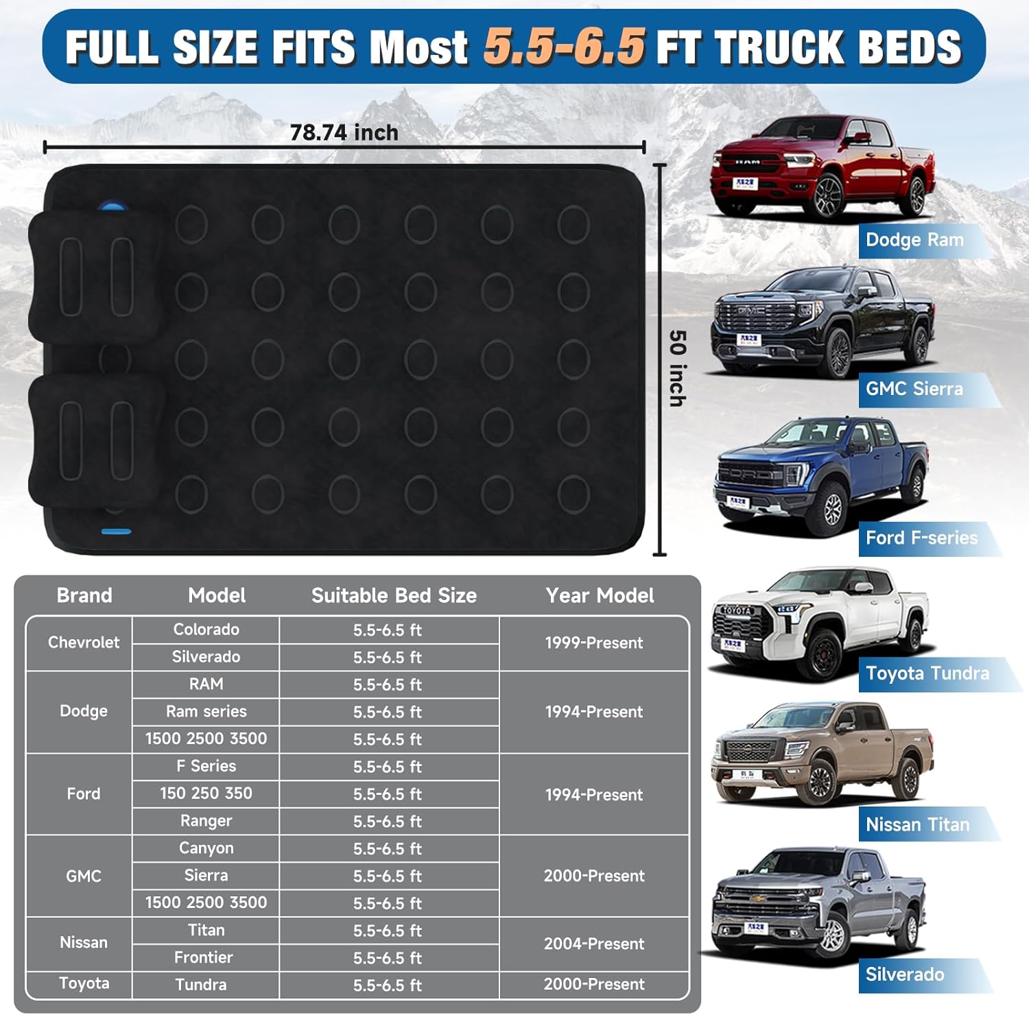 Umbrauto 5.5-6.5 ft Square Truck Bed Air Mattress with Wireless Rechargeable Pump Inflatable Full Size Pickup Air Mattress - Energize Trek