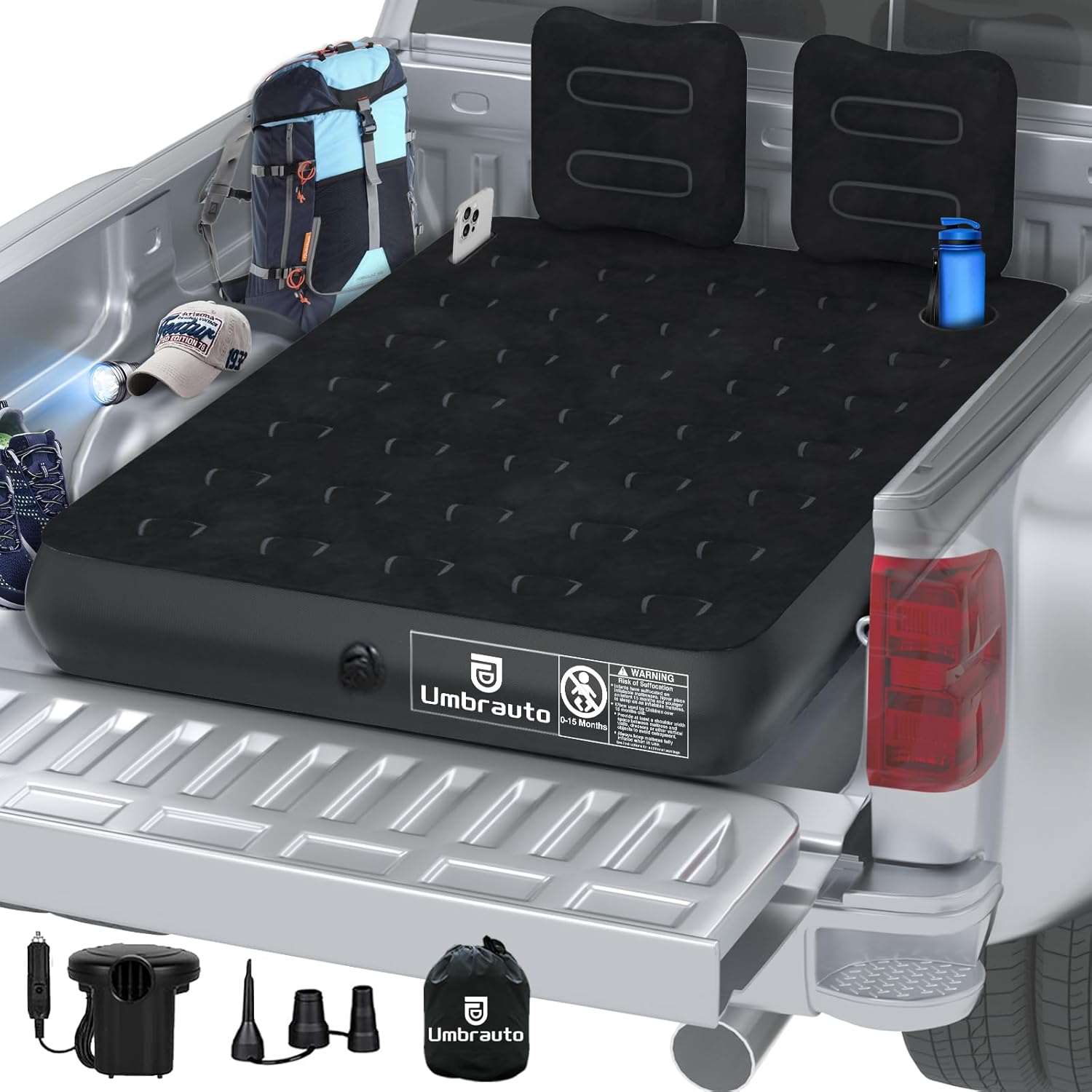 Umbrauto 5.5-6.5 ft Square Truck Bed Air Mattress with Wireless Rechargeable Pump Inflatable Full Size Pickup Air Mattress - Energize Trek