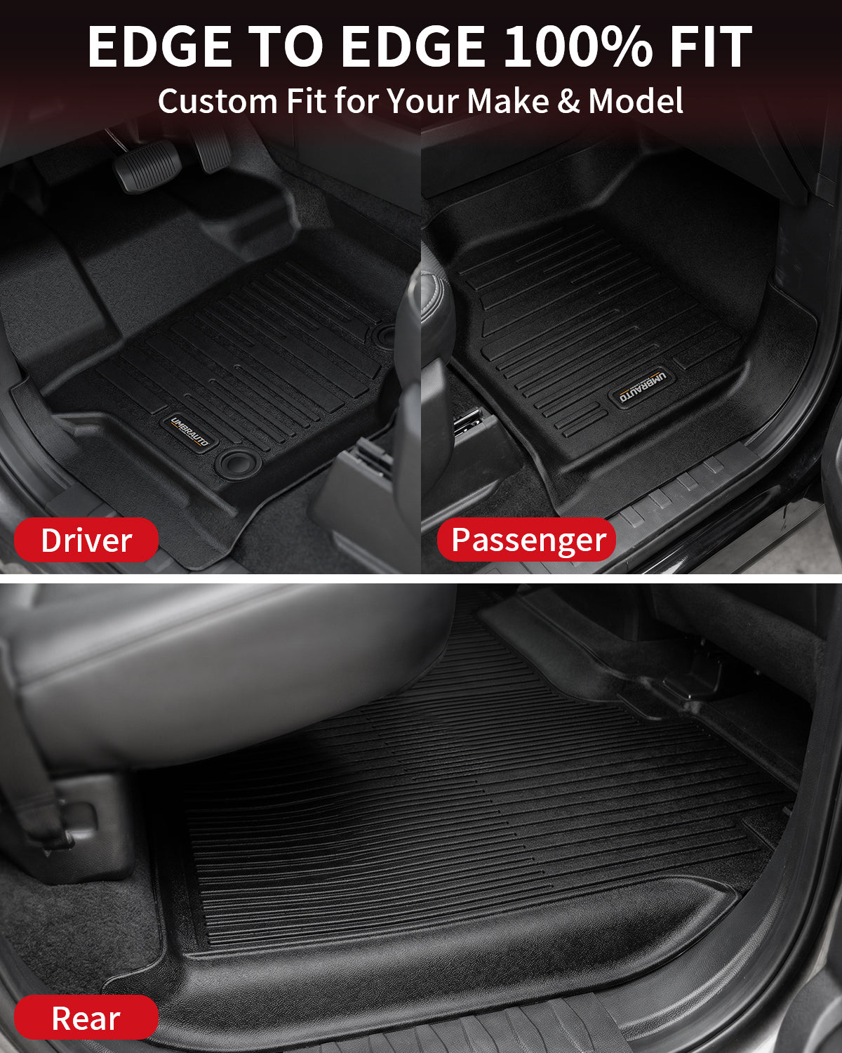 Umbrauto All Weather Floor Mats for Ford F150 SuperCrew 2015-2025 2026 & Lightning 2022-2026, Custom Fit TPE Truck Floor Liners, Waterproof Heavy Duty Full Coverage, Rear w/o Fold Flat Storage - Energize Trek