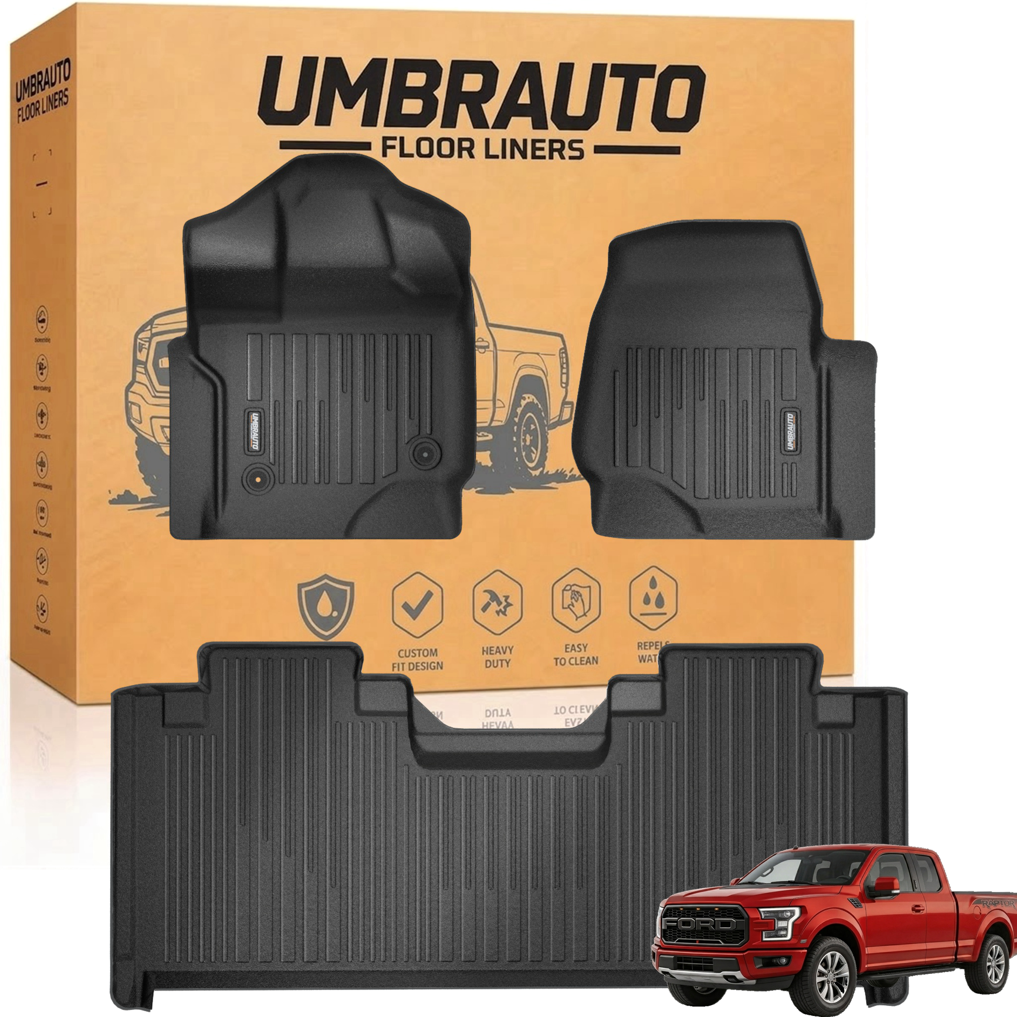 Umbrauto Custom Fit Floor Mats for Ford F150 SuperCab (Extended Cab) 2015-2025 2026 (Not for SuperCrew Cab), All Weather TPE Automotive Pickup Truck Liners for Front & Rear Row - Energize Trek