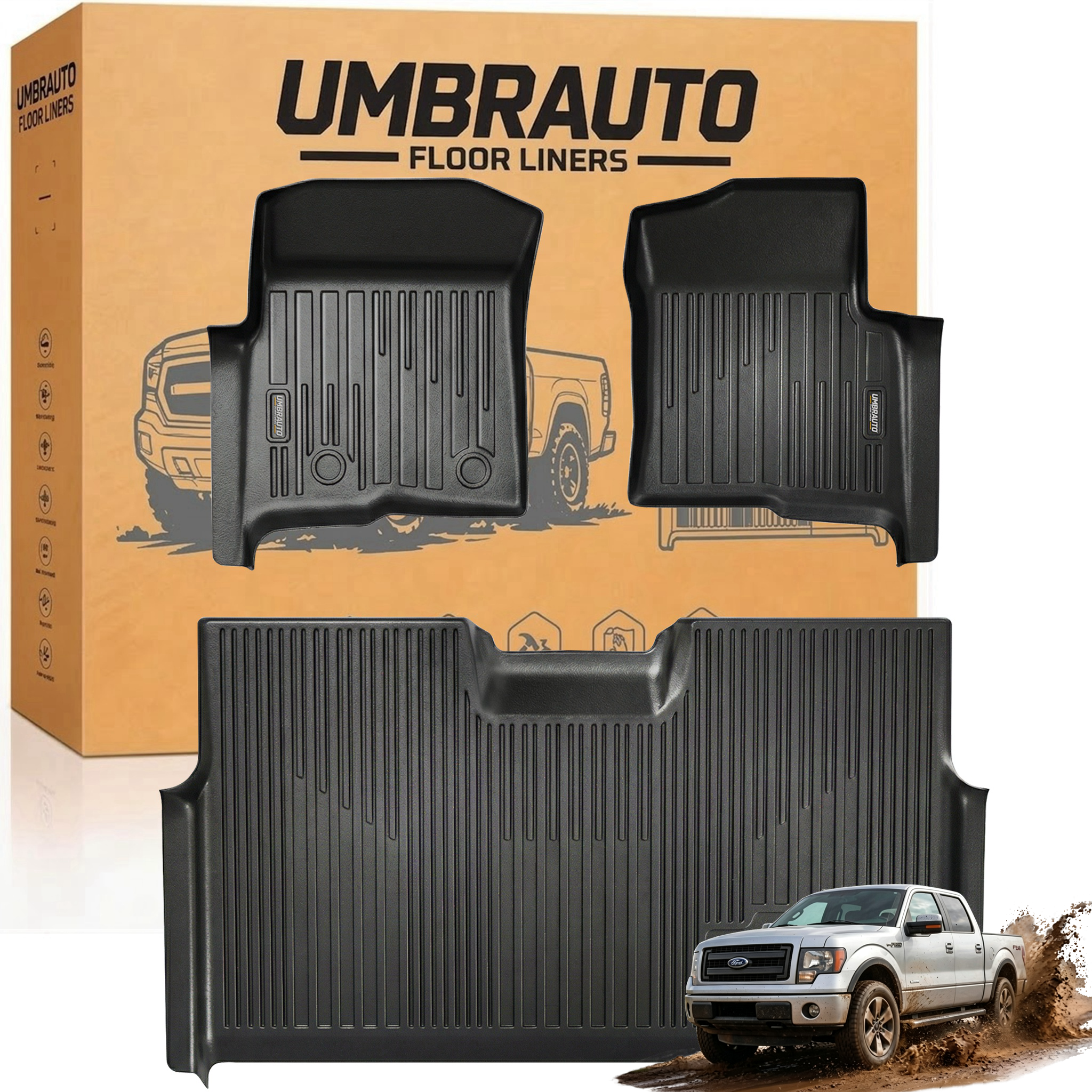 Umbrauto Custom Fit Floor Mats for Ford F150 SuperCrew 2010-2014 (Not for SuperCab or Regular Cab), All Weather TPE Pickup Truck Floor Liners for Front and Rear Row, Durable Non-Slip Automotive Mats - Energize Trek
