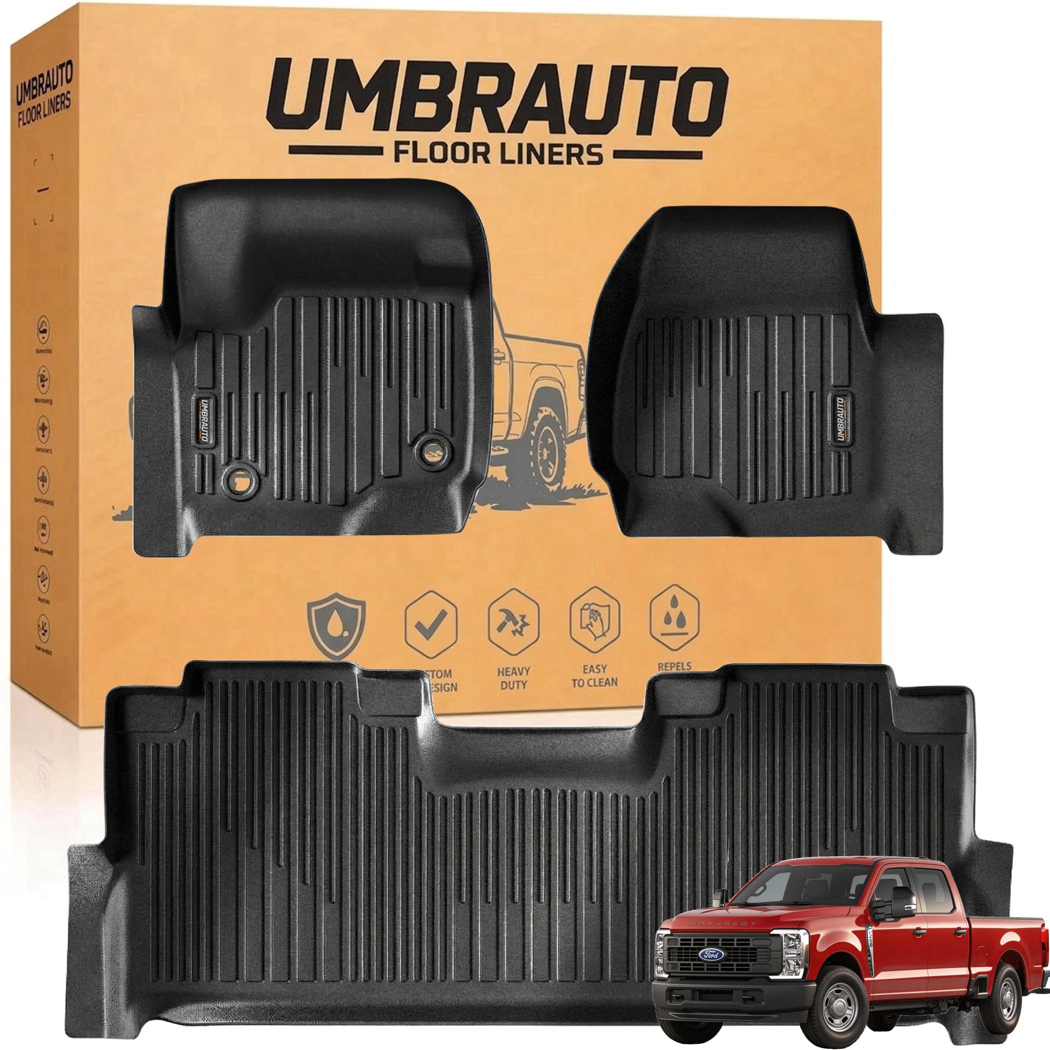 Umbrauto Custom Fit Floor Mats for Ford F250 F350 F450 2017-2025 2026 Super Duty Crew Cab, All Weather Protector TPE Truck Floor Liners for Front Bucket Seats, Rear W/Fold-Flat Storage, Carpet Floor - Energize Trek