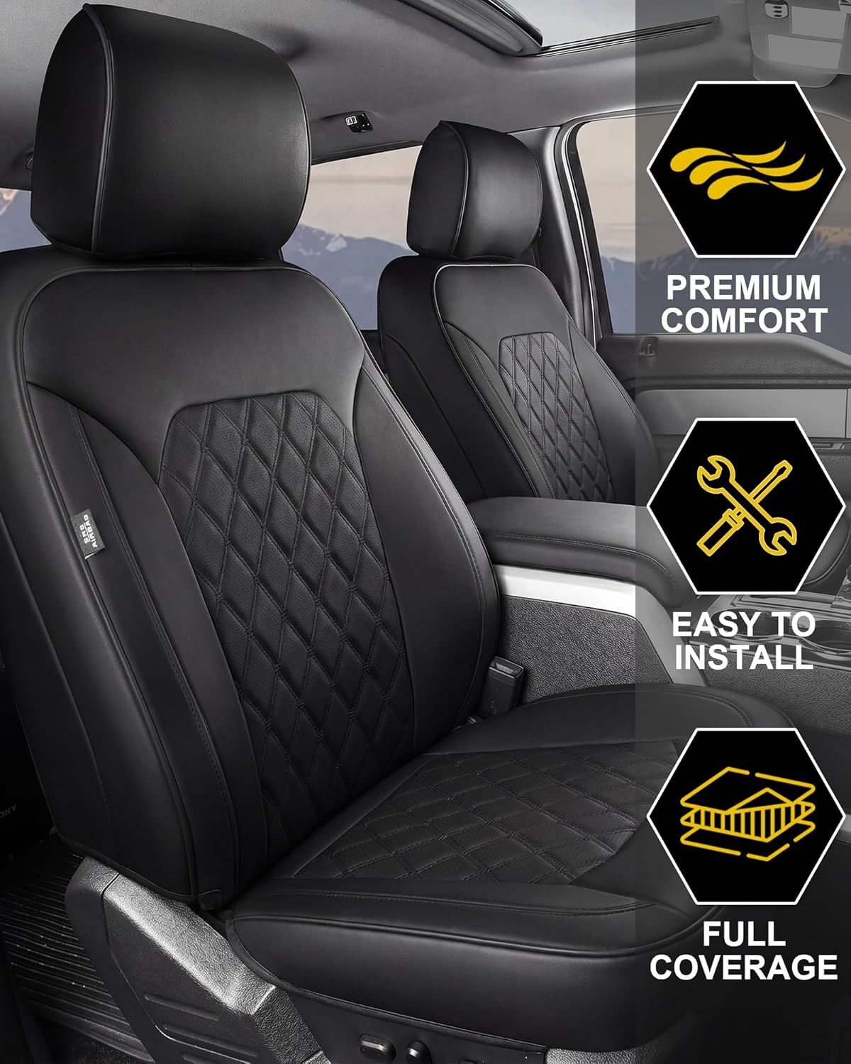 Umbrauto Custom Fit Seat Covers for Ford F150, Pickup Truck Nappa Leather Seatcovers for 2015-2025 Ford F150 SuperCrew/ 2017-2025 F250 F350 F450 Super Duty Crew Cab XL XLT Lariat King Ranch Platinum,Black - Energize Trek
