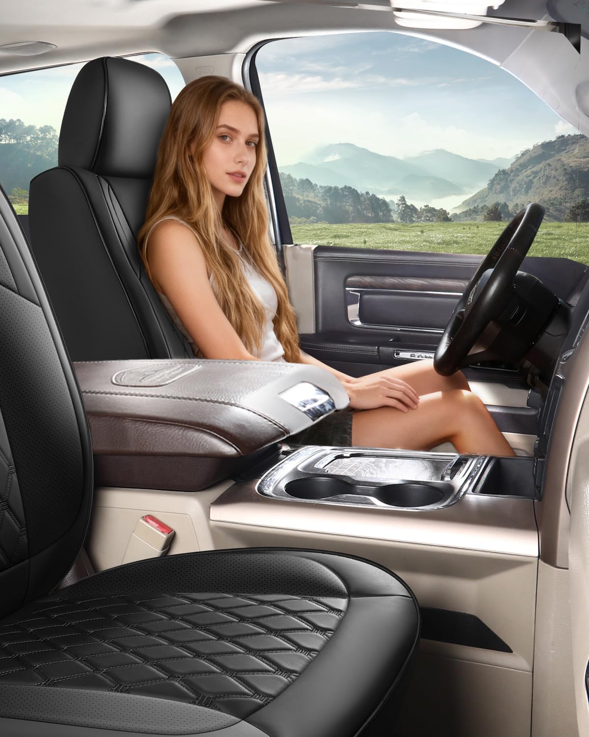 Umbrauto Custom Seat Covers fit for Dodge Ram 1500 2500 3500, Full Coverage Luxury Leather Ram Truck Seat Cover 2009-2025 Compatible with Crew Cab Double Quad Regular (Full Set (Flat Rear)) - Energize Trek