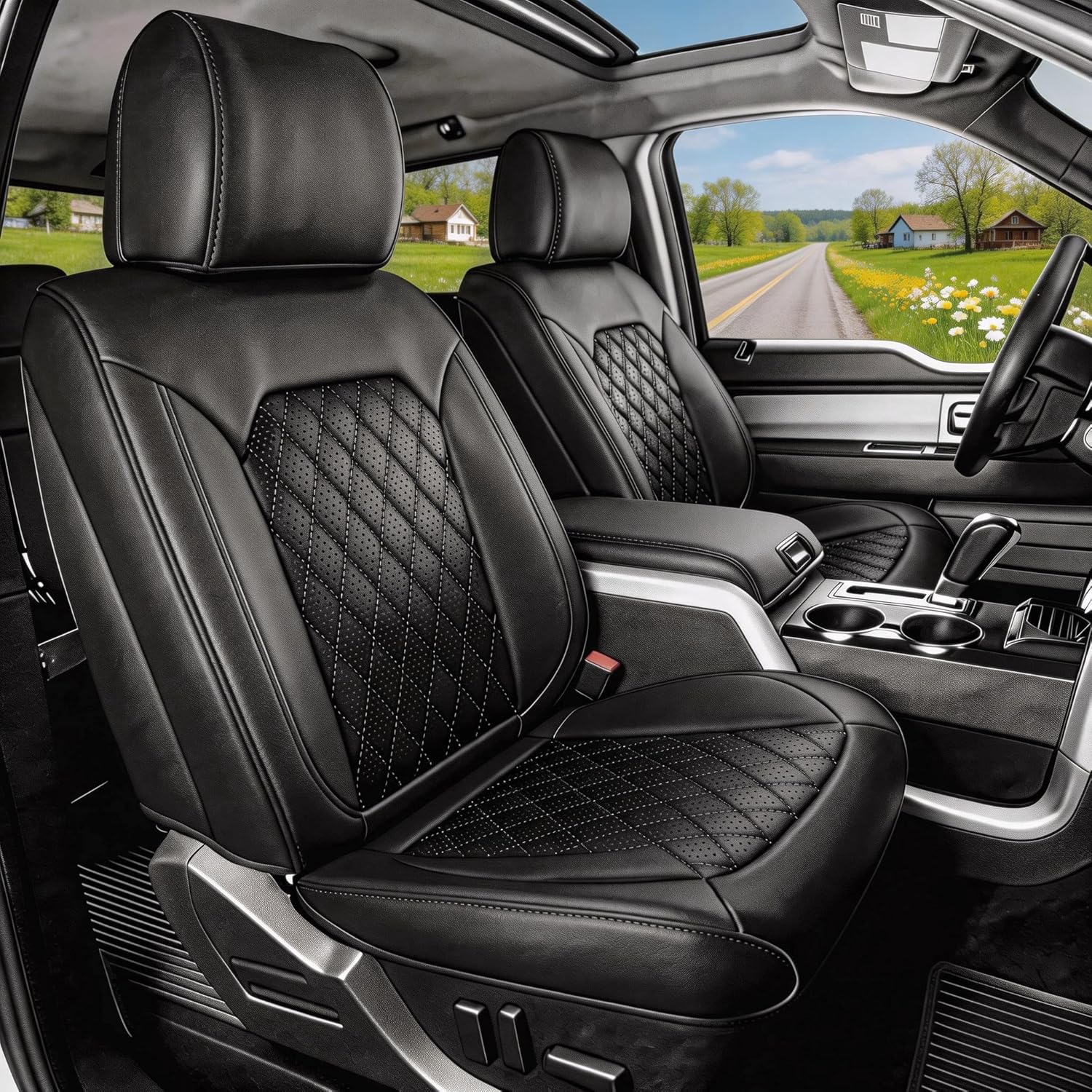 Umbrauto Custom Seat Covers fit for Dodge Ram 1500 2500 3500, Full Coverage Luxury Leather Ram Truck Seat Cover 2009-2025 Compatible with Crew Cab Double Quad Regular (Full Set (Flat Rear)) - Energize Trek