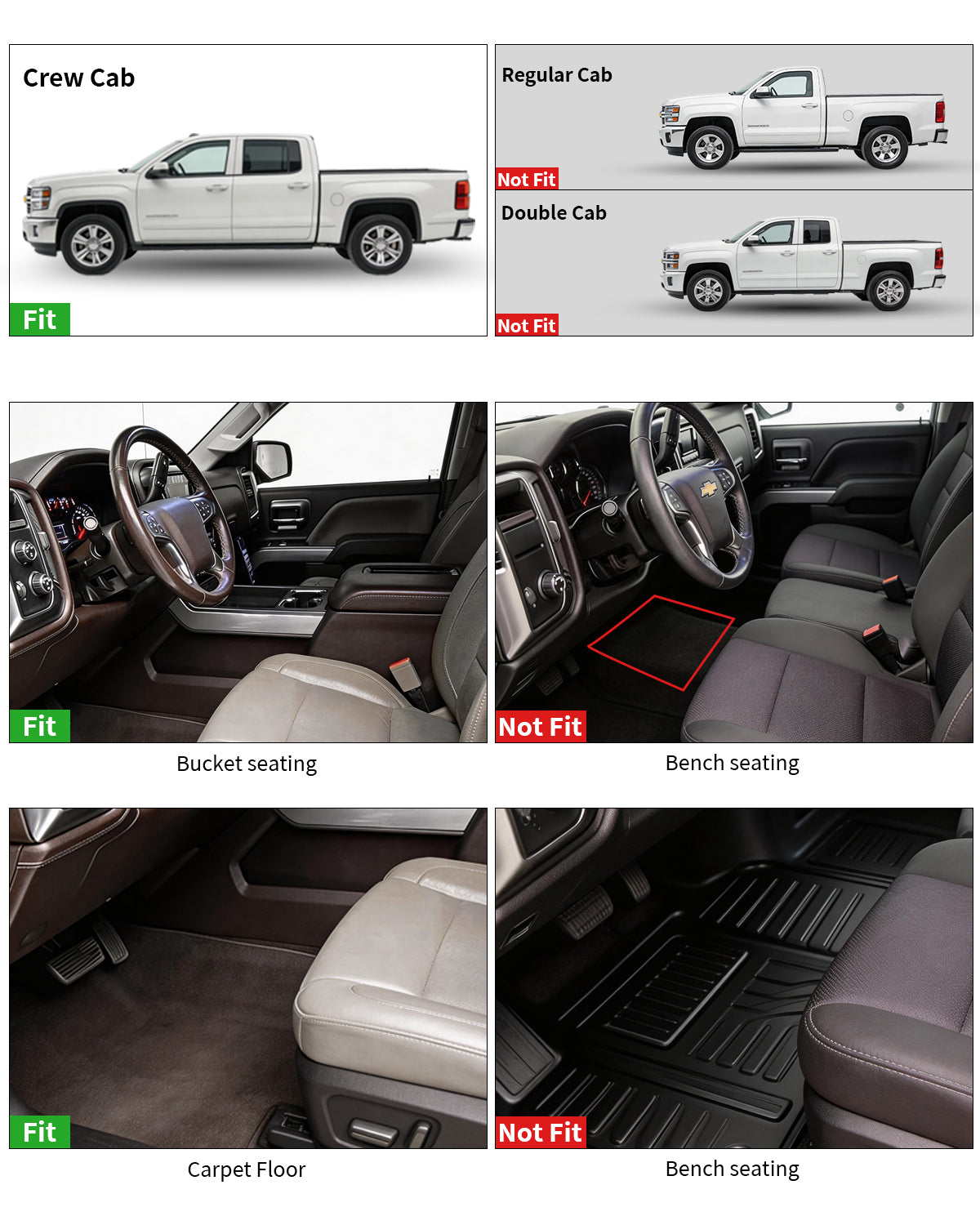 Umbrauto Floor Mats for Chevy Silverado/GMC Sierra Crew Cab 1500 (2019–2026), 2500/3500HD (2020–2026), All Weather TPE Custom Truck Floor Liners Fit Carpet Floor, with Rear Under-Seat Storage - Energize Trek