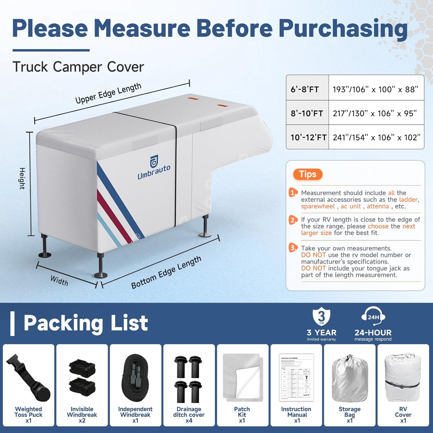 Umbrauto Slide-In Truck Camper Cover — 300D Oxford Waterproof RV Cover, Silver-Coated All-Weather Protection with Windproof Straps & Air Vents - Energize Trek