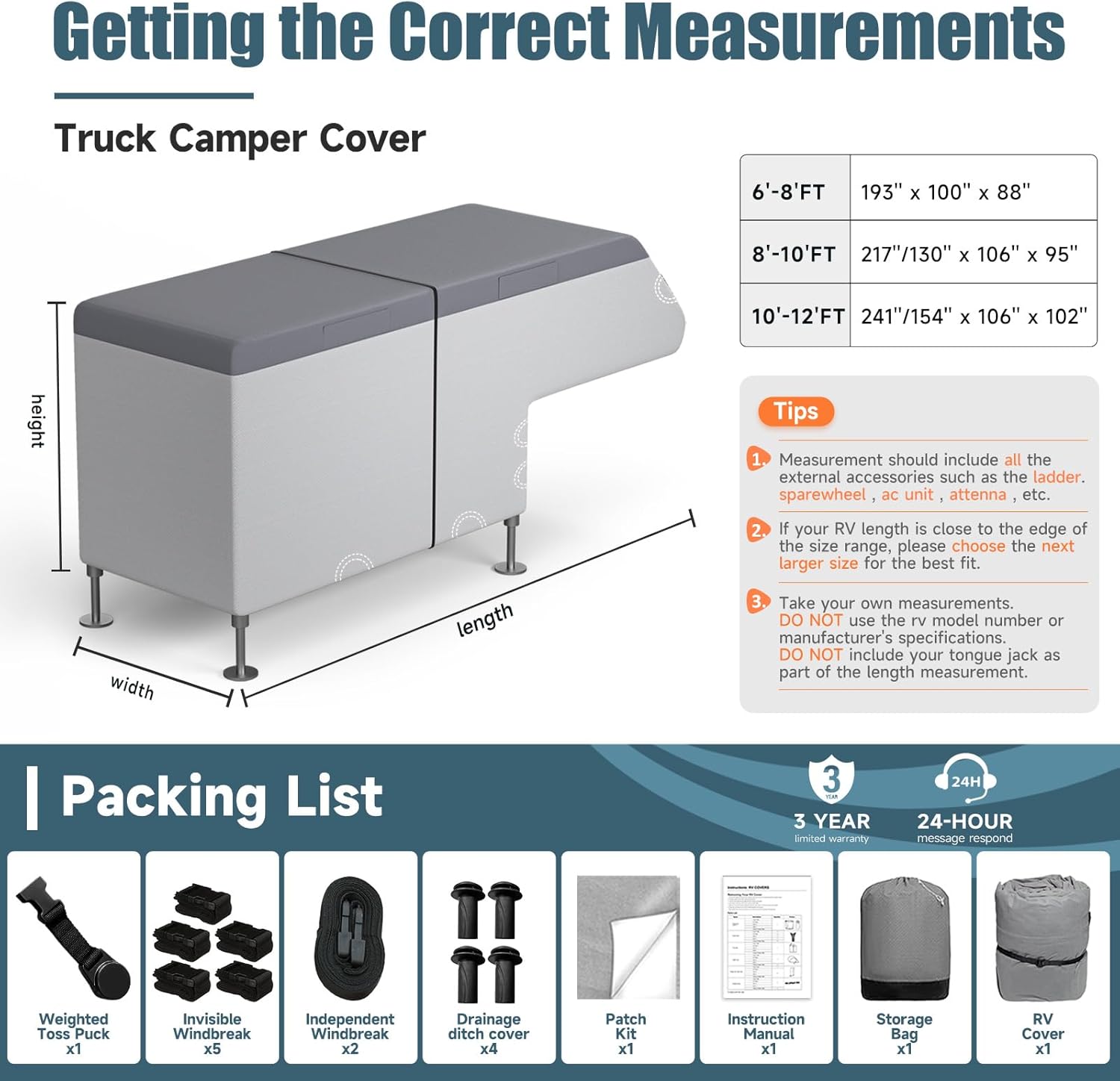 Umbrauto Truck Camper Cover 7-Layer Anti-Tear Top, RVs All Season Protection with Gutter Cover,Windproof Straps - Energize Trek