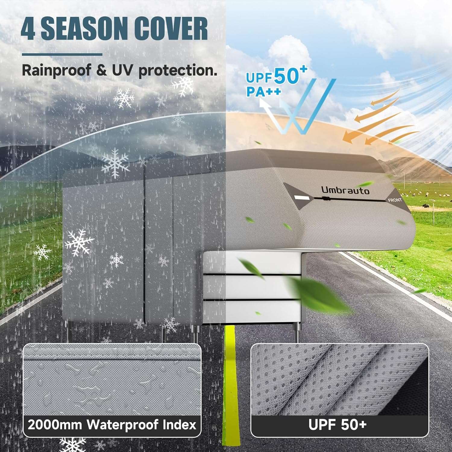 Umbrauto Truck Camper Cover 7-Layer Anti-Tear Top, RVs All Season Protection with Gutter Cover,Windproof Straps - Energize Trek