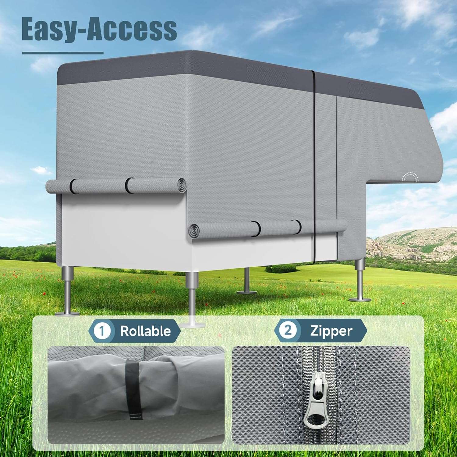 Umbrauto Truck Camper Cover 7-Layer Anti-Tear Top, RVs All Season Protection with Gutter Cover,Windproof Straps - Energize Trek