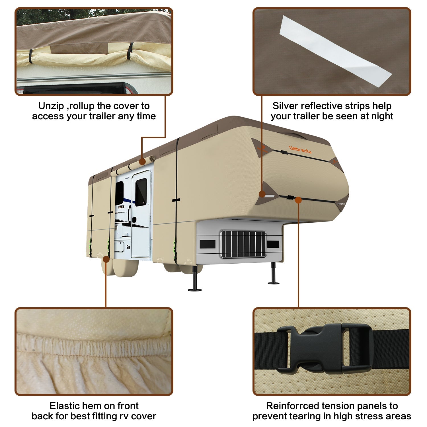 Umbrauto Umbrauto 5th Wheel RV Cover | 7-Layer Waterproof & UV-Proof Camper Trailer Cover with Tire Covers, Tongue Jack Cover & Windproof Ropes - Energize Trek