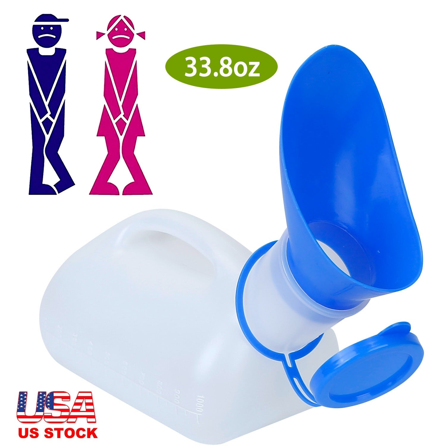Unisex Potty Urinal Bottle 1000ML/33.8OZ Adult Emergency Urinal Device Portable Male Female Toilet w/ Lid Funnel For Car Camping Travel Hospital Outdo - Energize Trek
