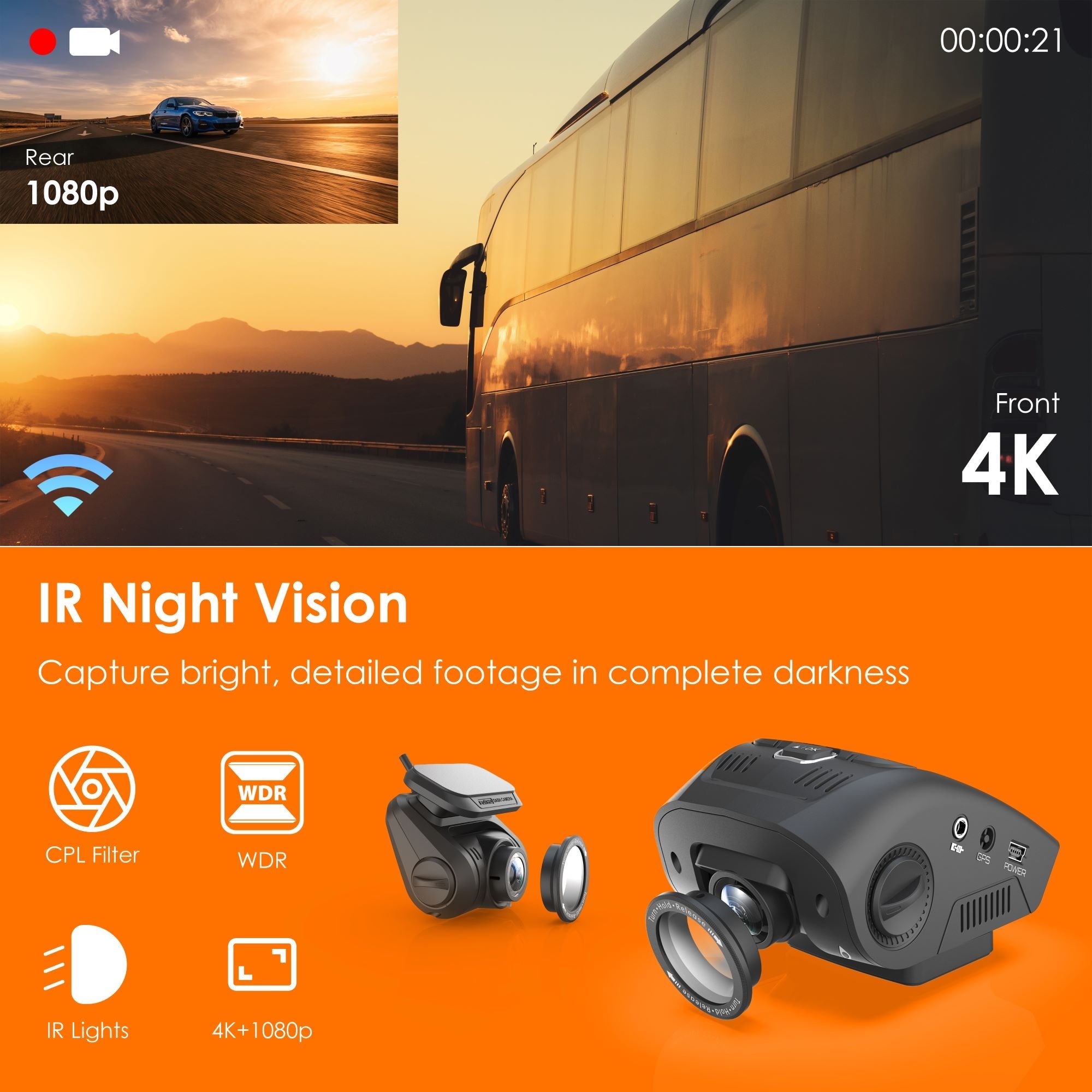 Rexing V1P SE 4K Dual Channel Car Dash Cam w/ GPS, Wi-Fi & Bonus CPL Filters - Energize Trek