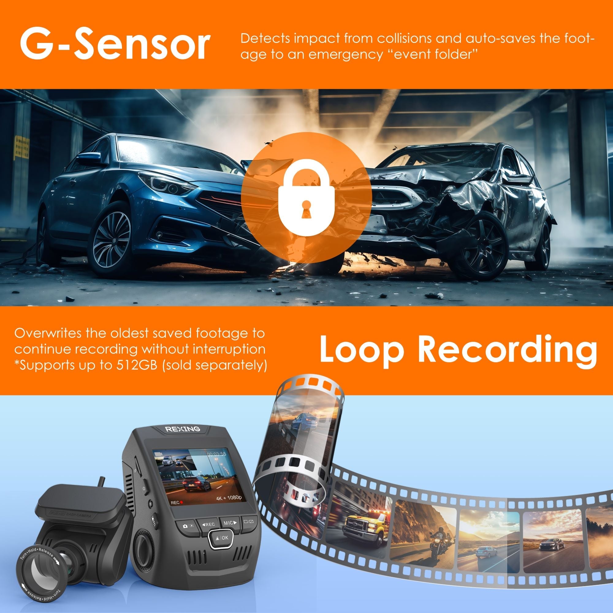 Rexing V1P SE 4K Dual Channel Car Dash Cam w/ GPS, Wi-Fi & Bonus CPL Filters - Energize Trek