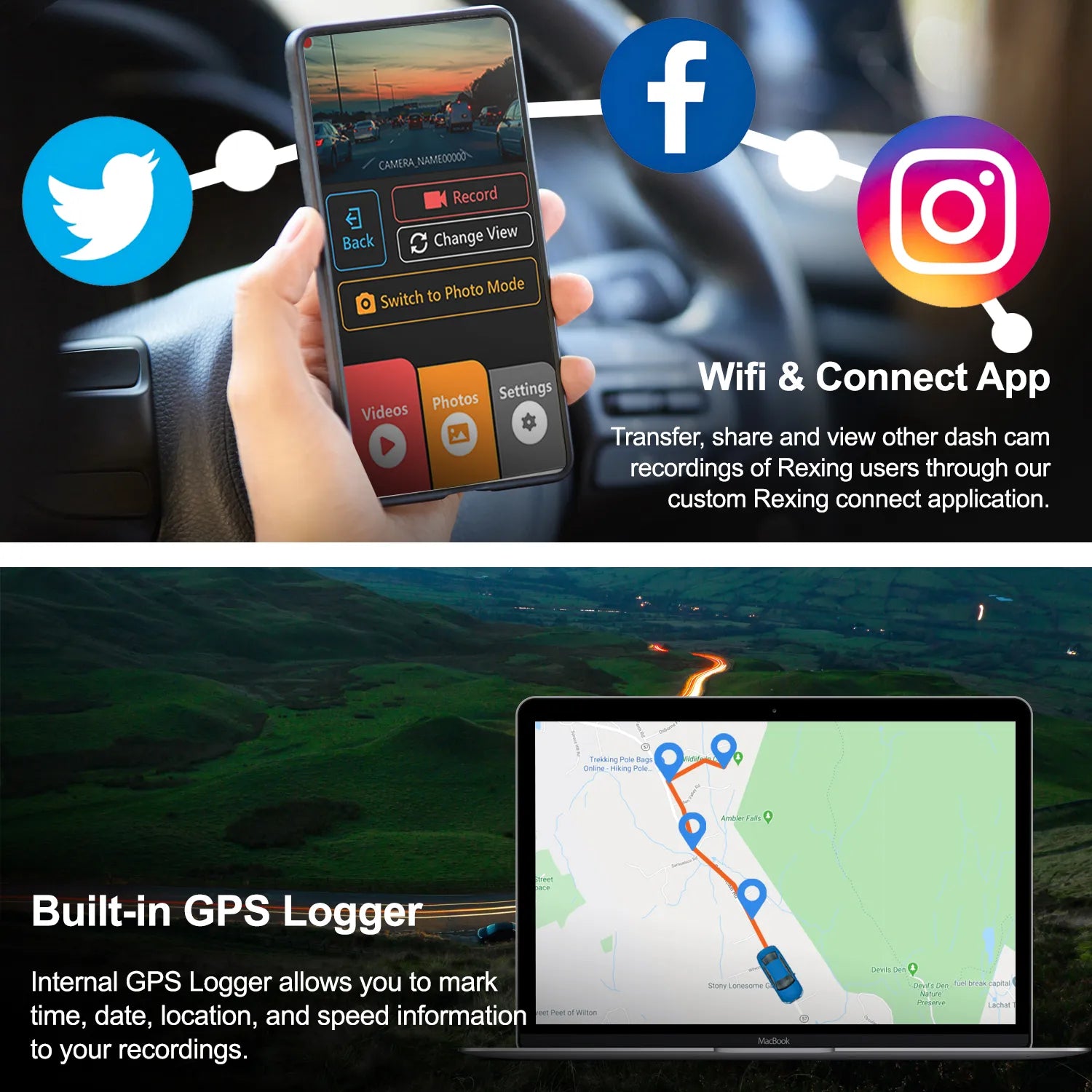 Rexing V5 Bundle Dash Cam 3-Channel Premium 4K with Wi-Fi and GPS - Energize Trek