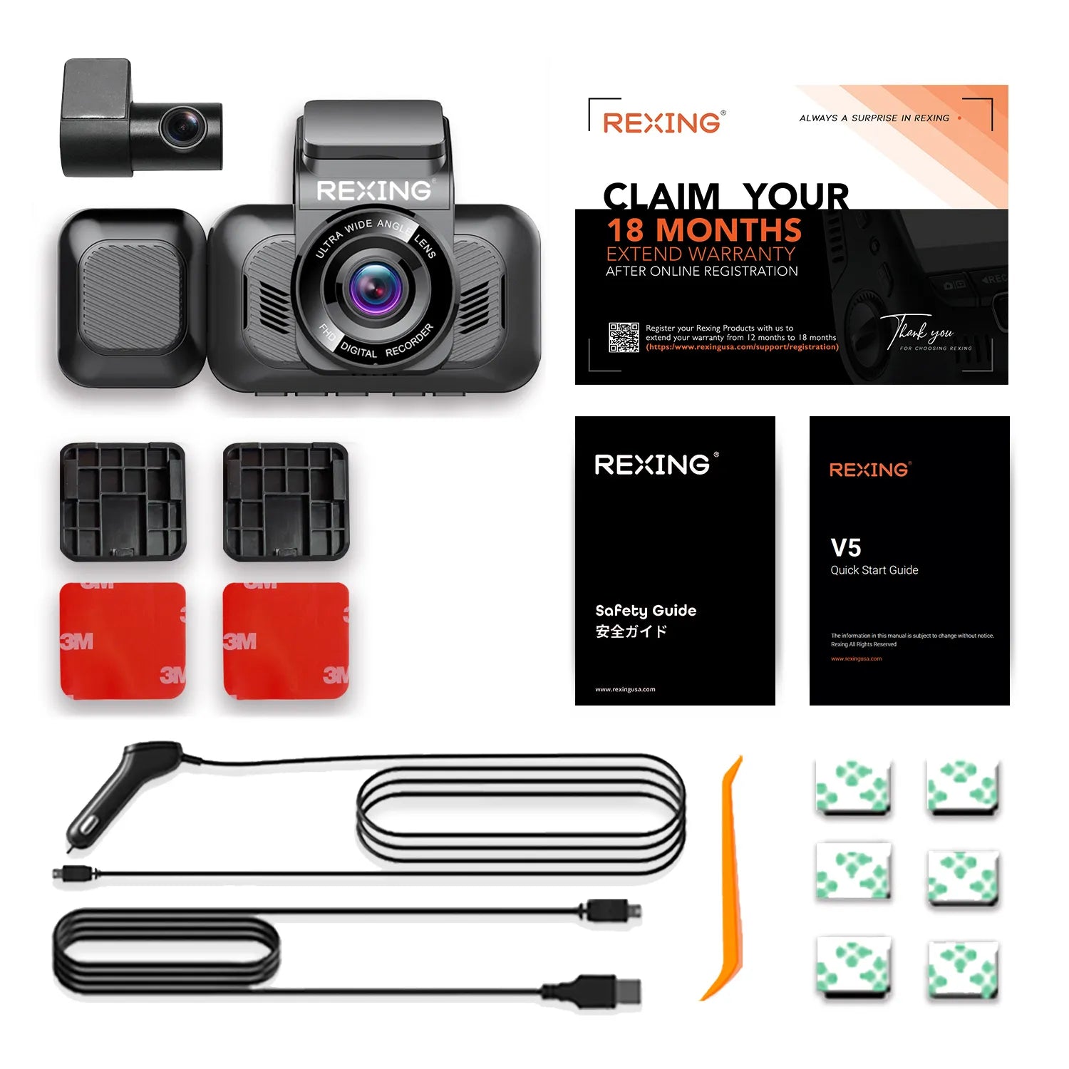Rexing V5 Bundle Dash Cam 3-Channel Premium 4K with Wi-Fi and GPS - Energize Trek