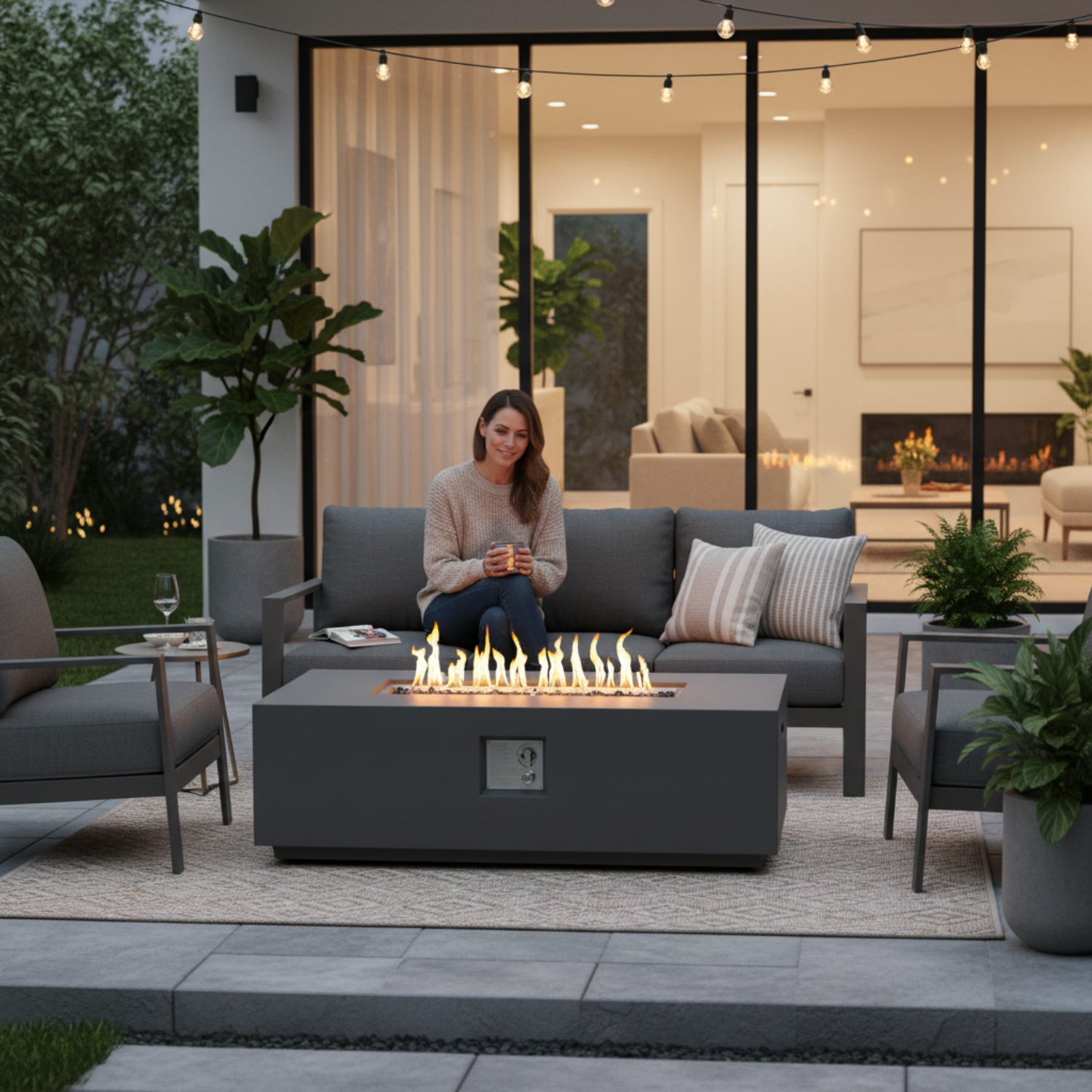 Volon Modern Rectangular Fire Pit Table in Light Gray - Energize Trek
