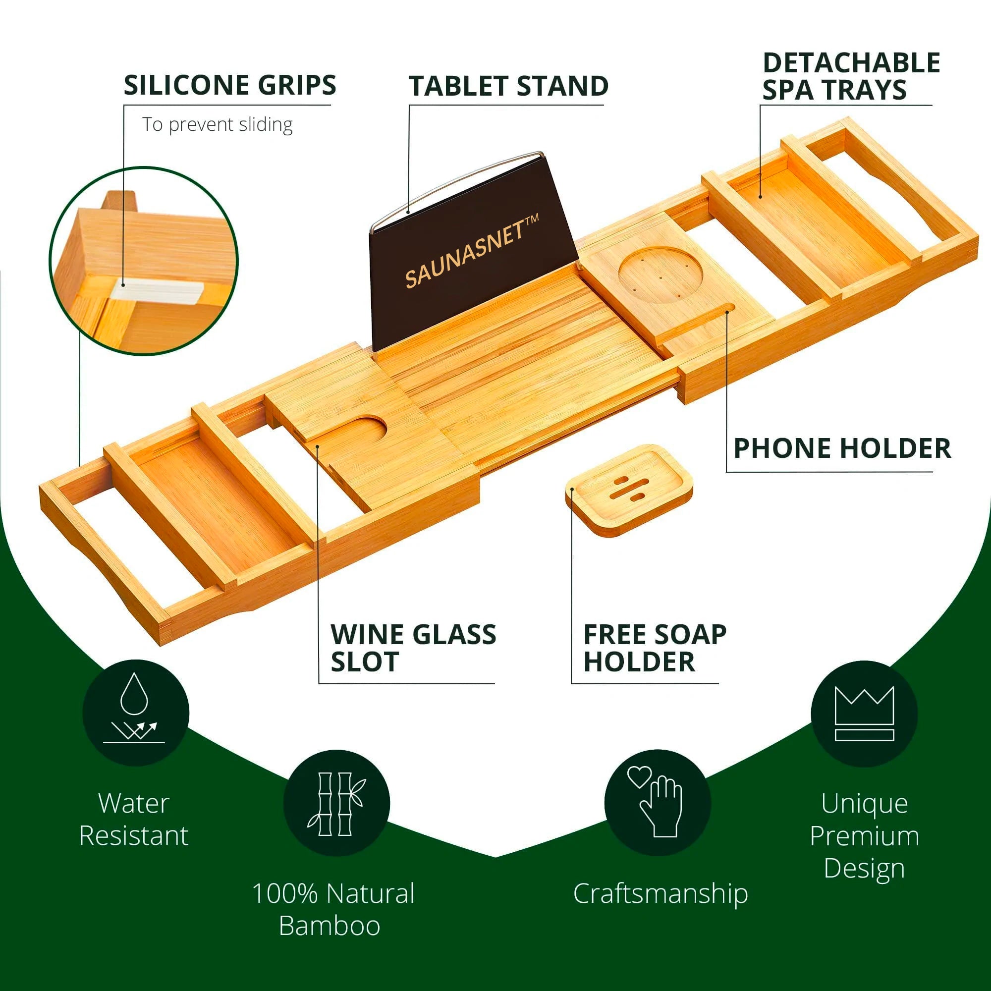 SAUNA EVOLUTION® Natural Bamboo Bathtub Caddy - Energize Trek