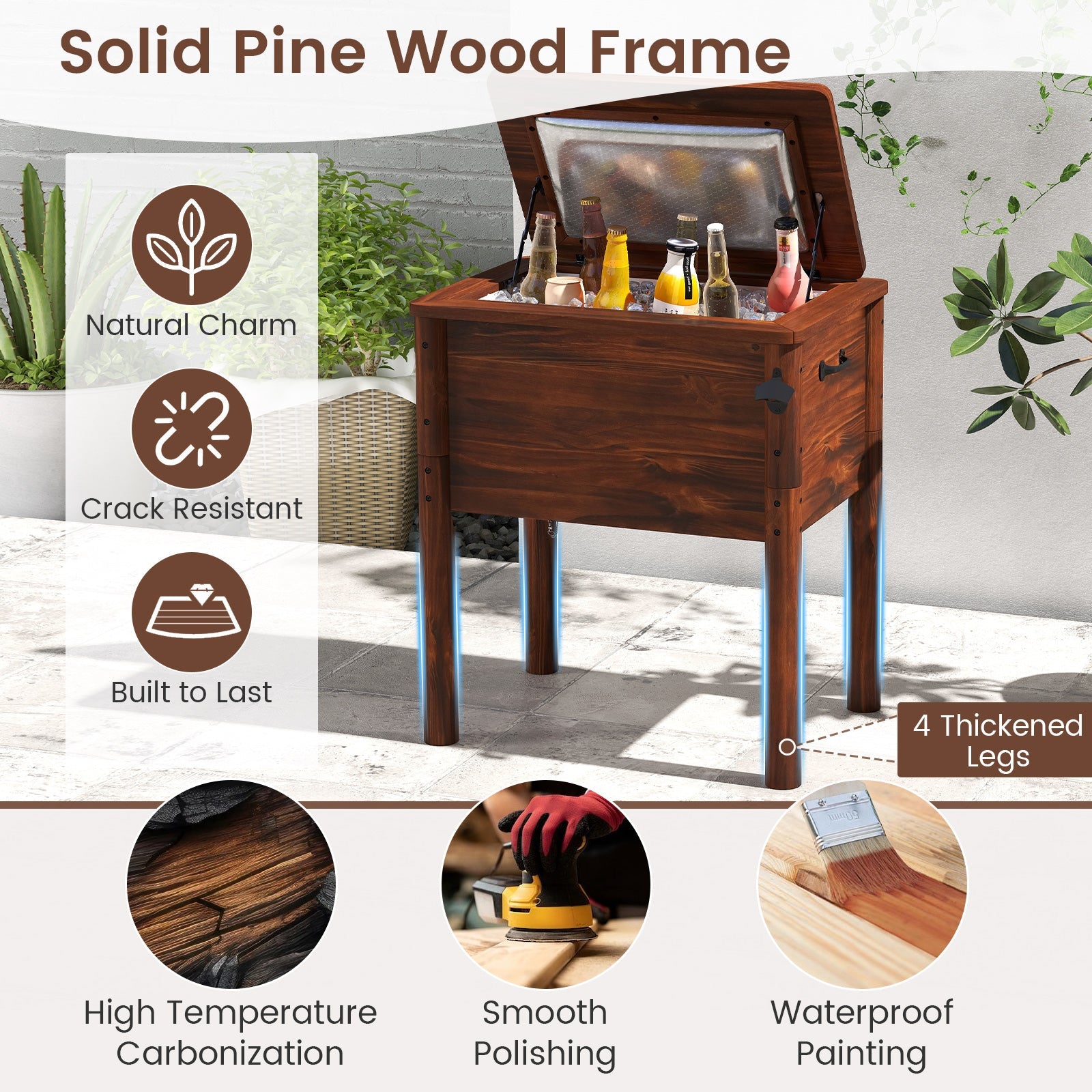 Wooden Patio Cooler with 3 Handles and Bottle Opener-Brown - Energize Trek