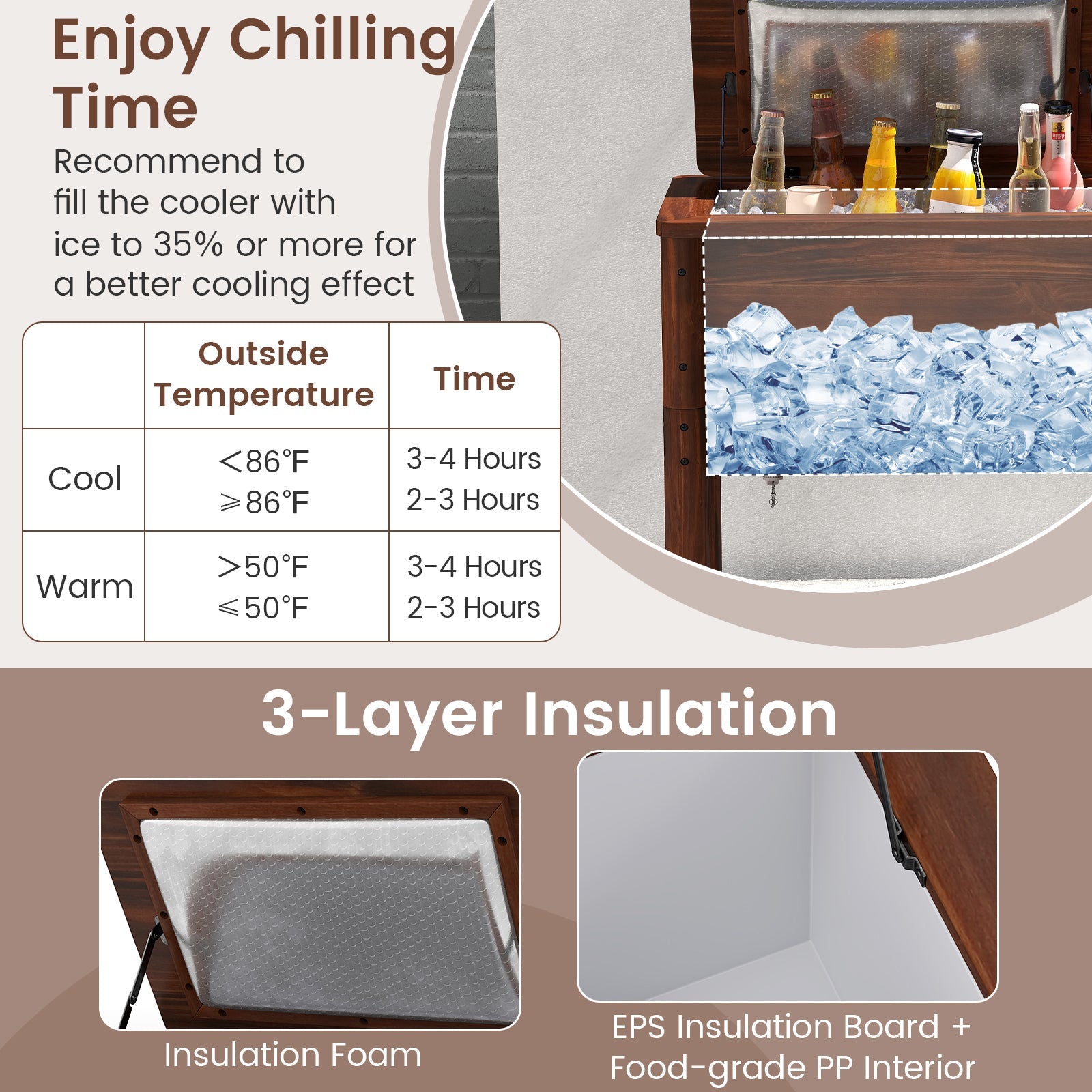 Wooden Patio Cooler with 3 Handles and Bottle Opener-Brown - Energize Trek