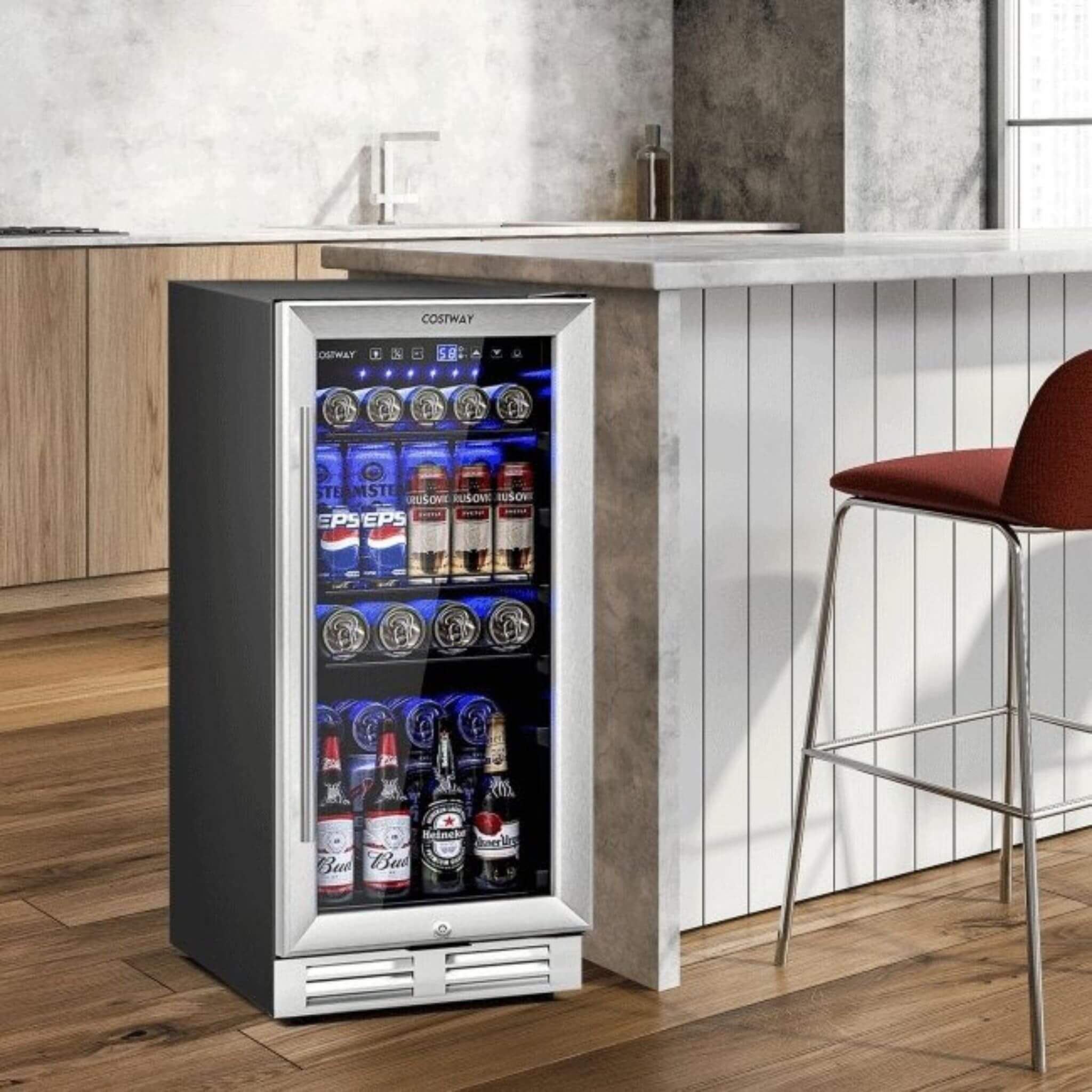 Premium 15" Tall Built-In Freestanding Beverage Cooler Refrigerator, 100 Cans (SAK77654) - Energize Trek