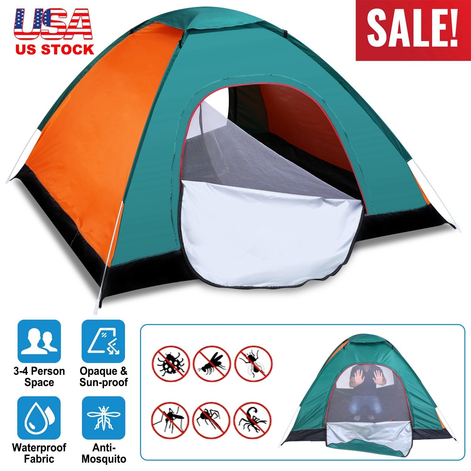 3/4 Man Waterproof Camping Tent Instant Pop Up Dome Tent w/Mosquito Net Doors Bags